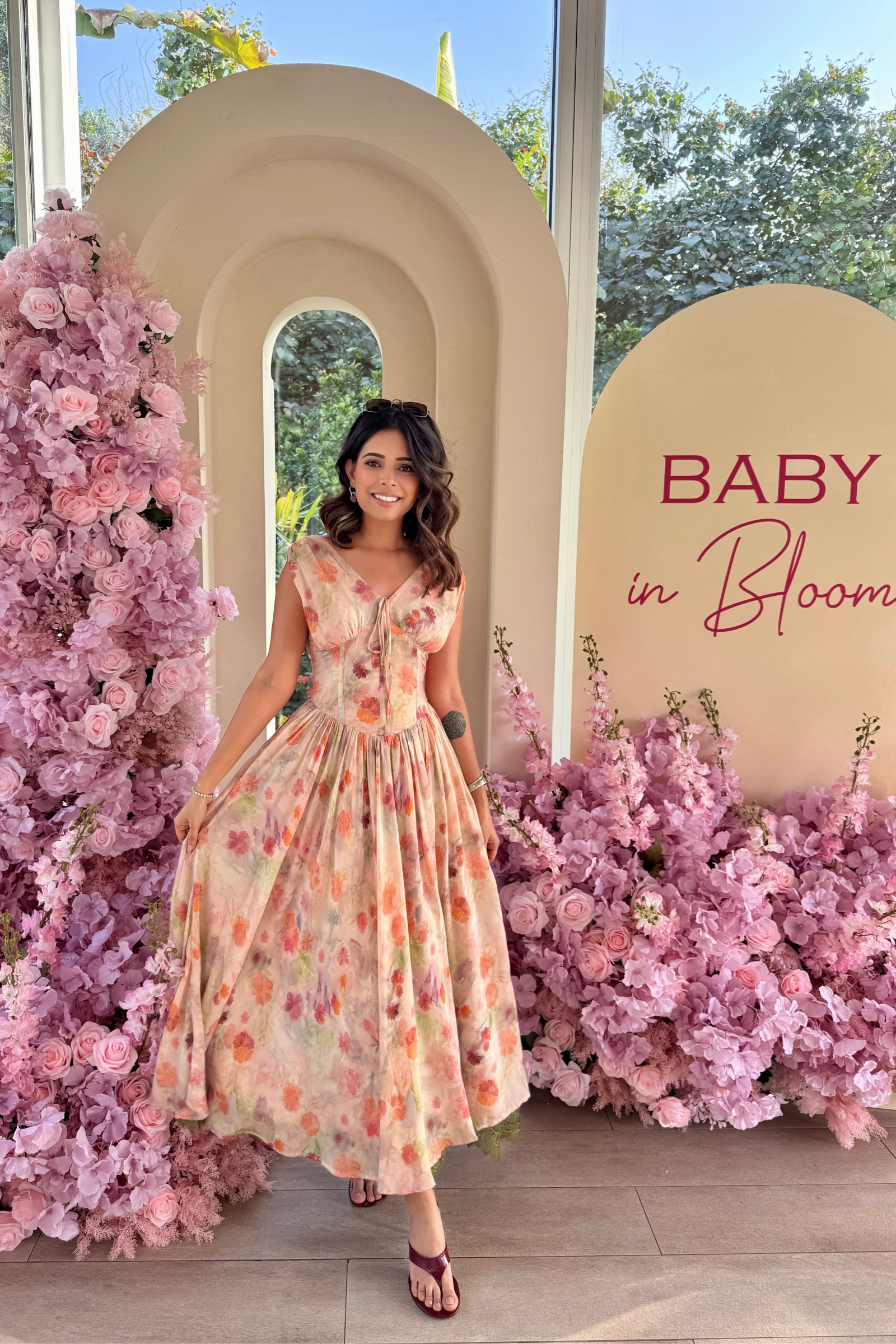 Alba Beige Muslin Floral Corset Midi Dress