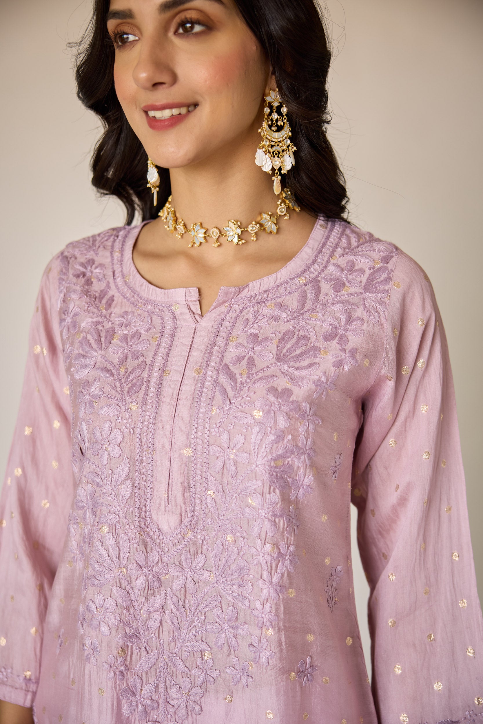 Jasmine Lilac Chanderi Hand Embroidered Chikankari Kurta