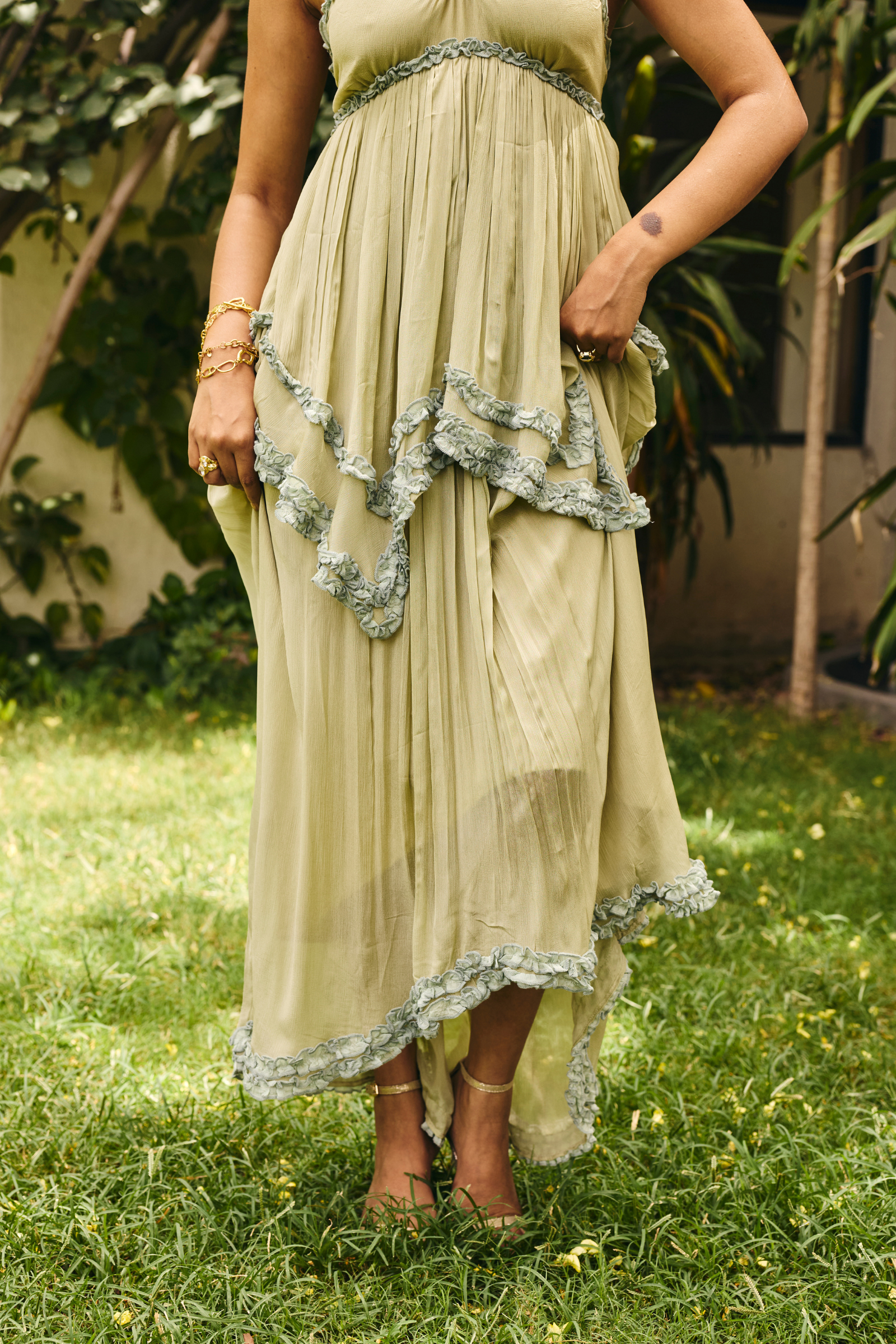 Mallorca Sage Green ruffle Midi dress