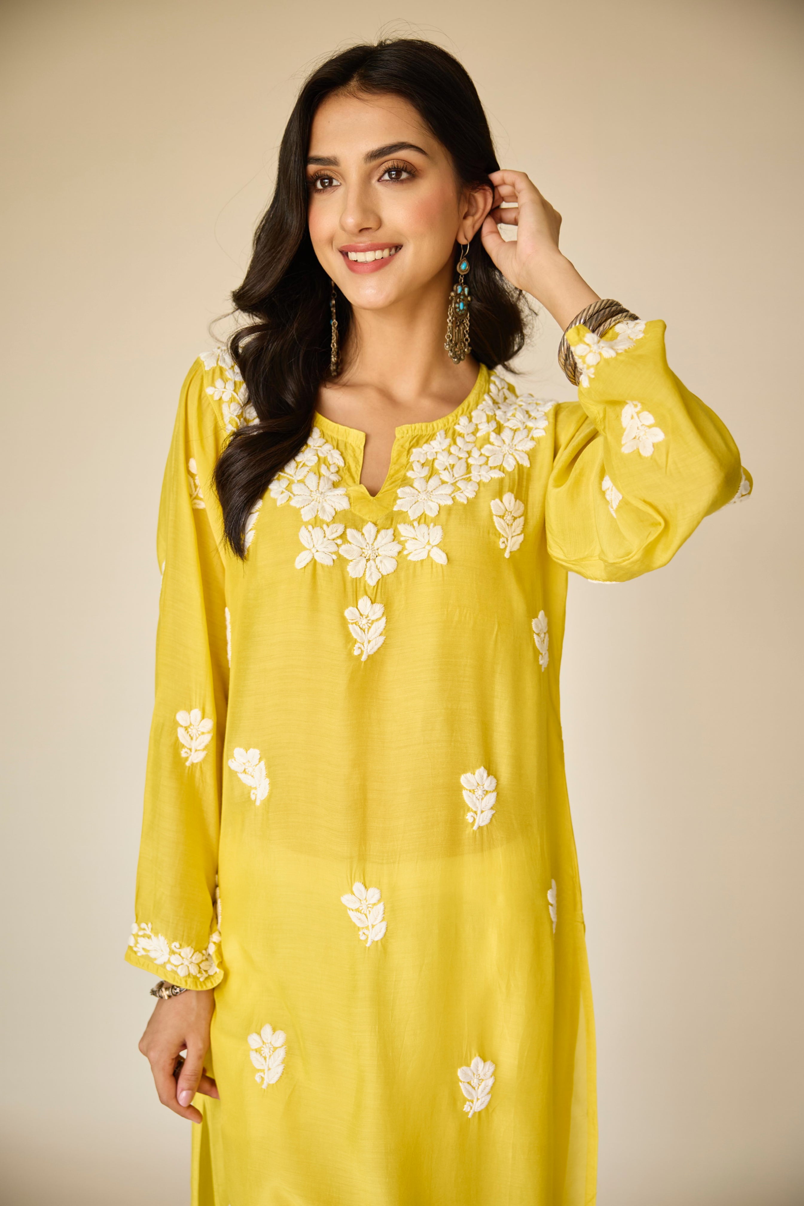 Sofiya Yellow Muslin Hand Embroidered Chikankari Kurta