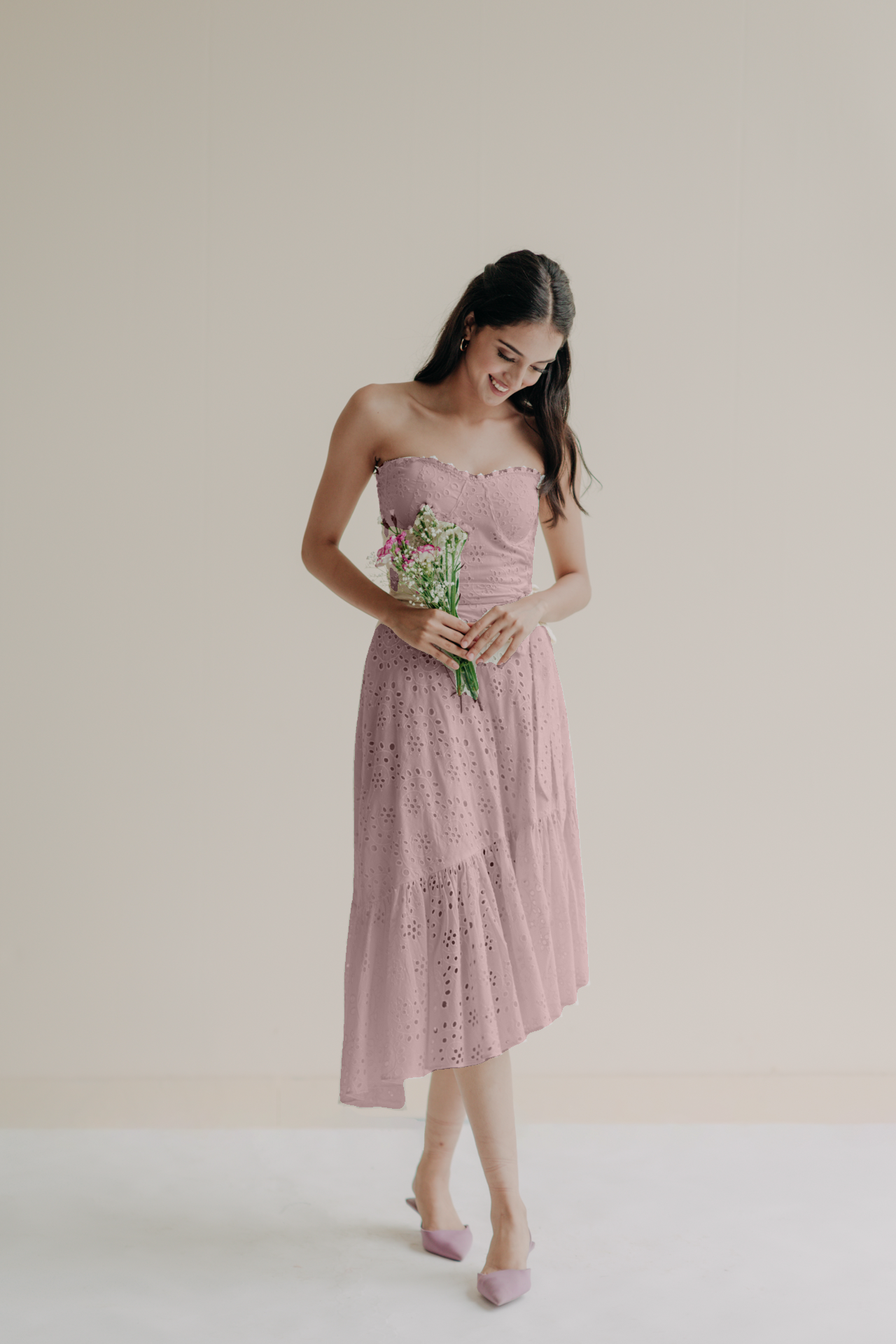 Janine Dusty Pink Schiffli Midi Dress