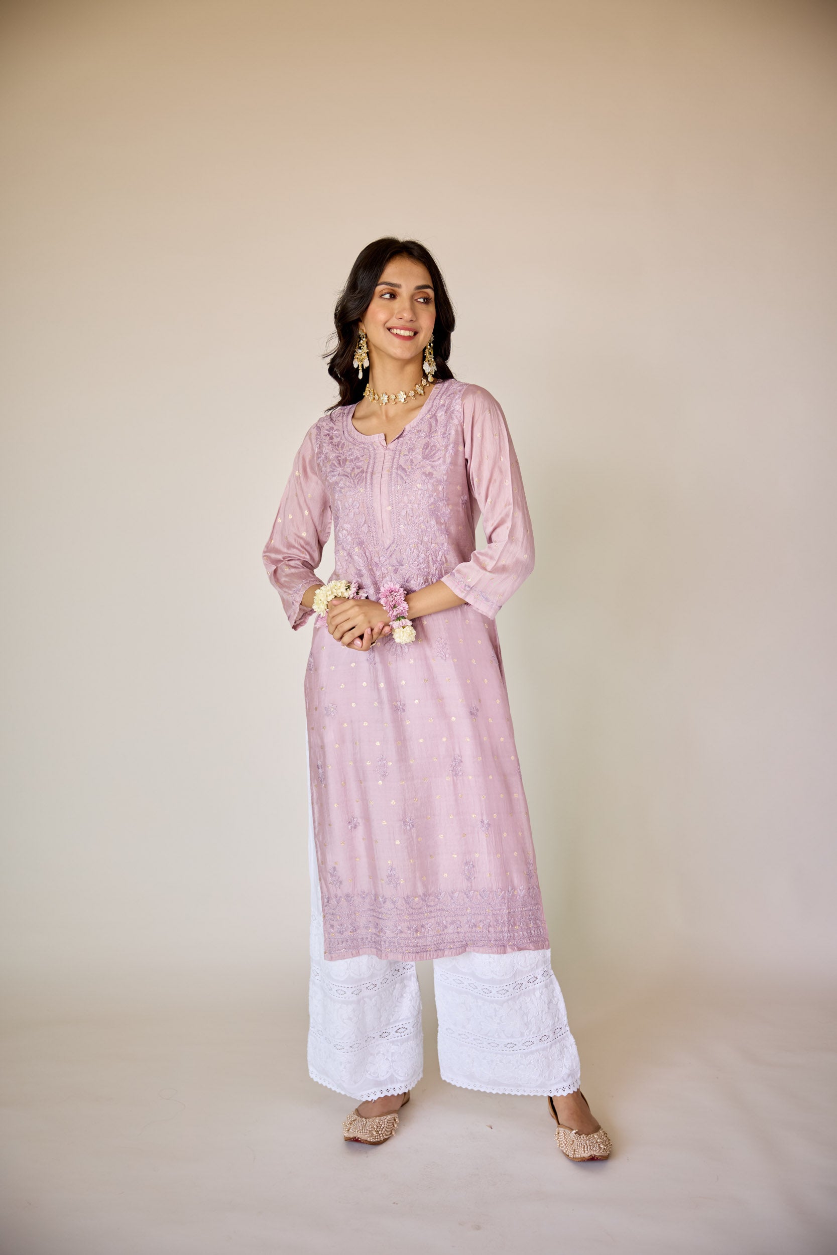 Jasmine Lilac Chanderi Hand Embroidered Chikankari Kurta