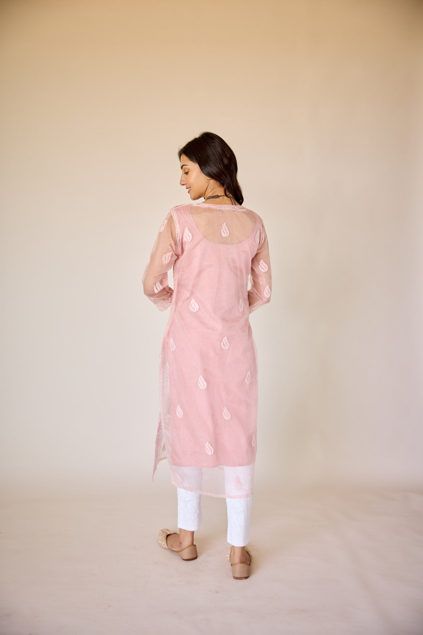 Nimrah Pink Organza Hand Embroidered Chikankari Kurta with Slip