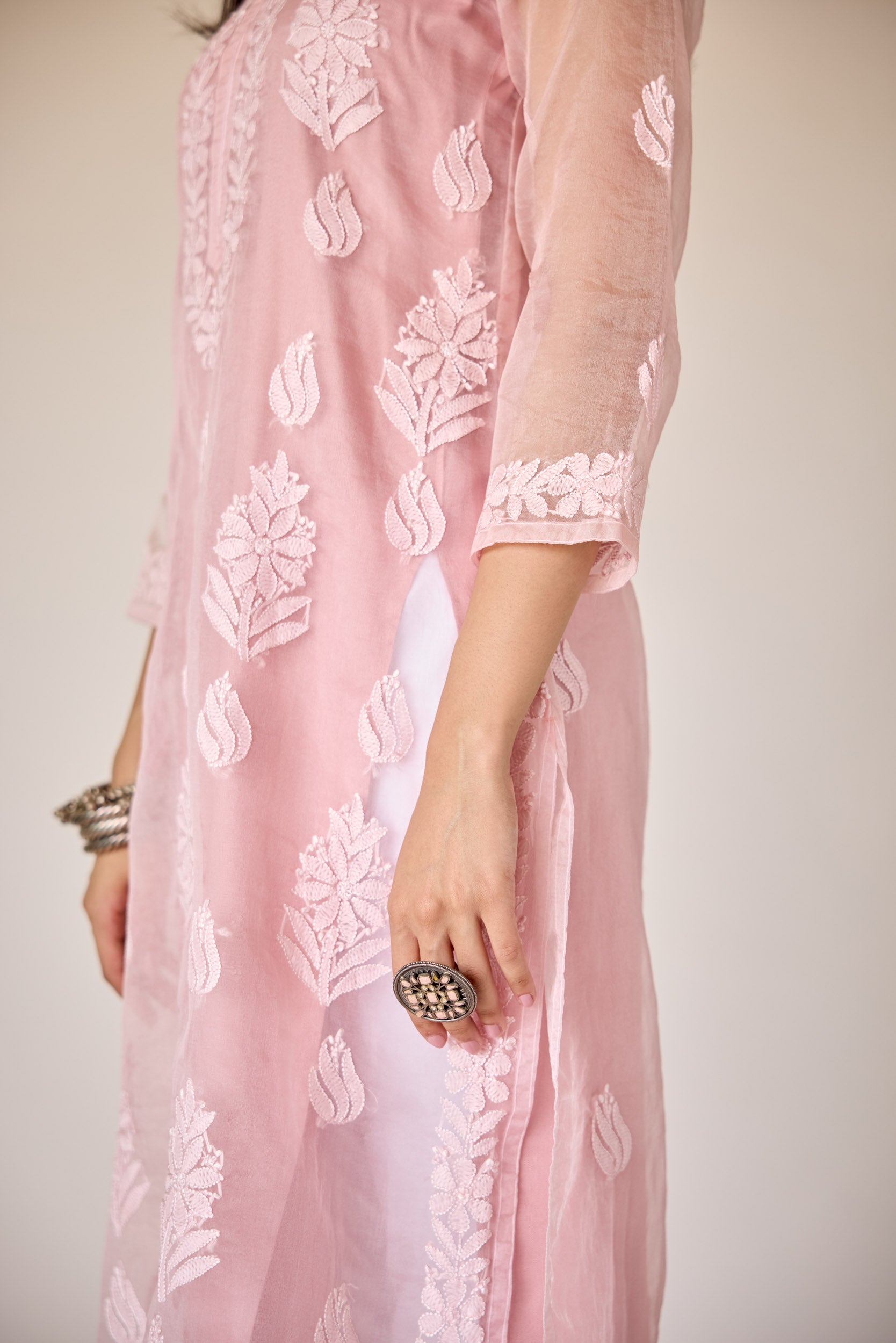 Nimrah Pink Organza Hand Embroidered Chikankari Kurta with Slip