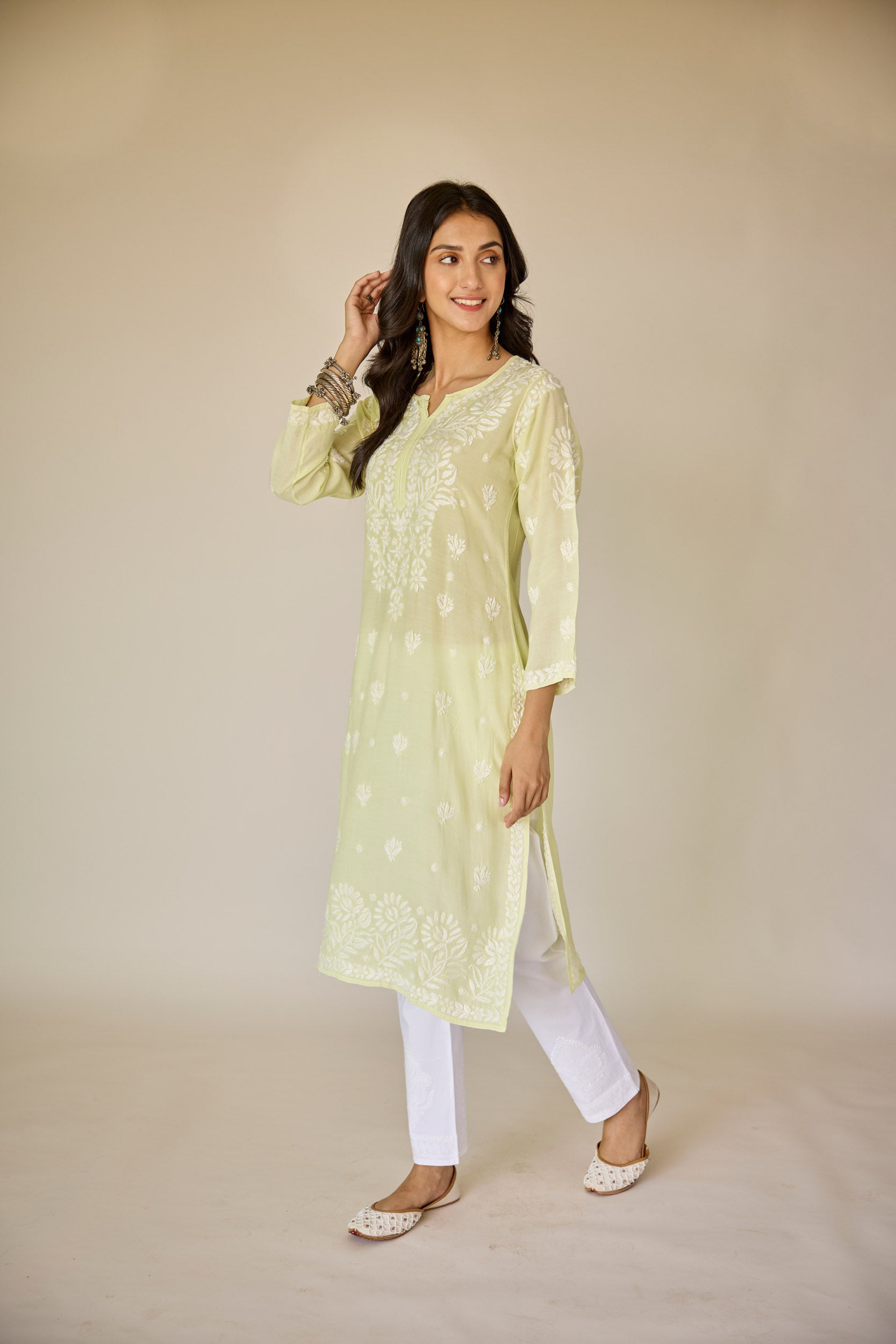 Raha Lime Green Muslin Hand Embroidered Chikankari Kurta
