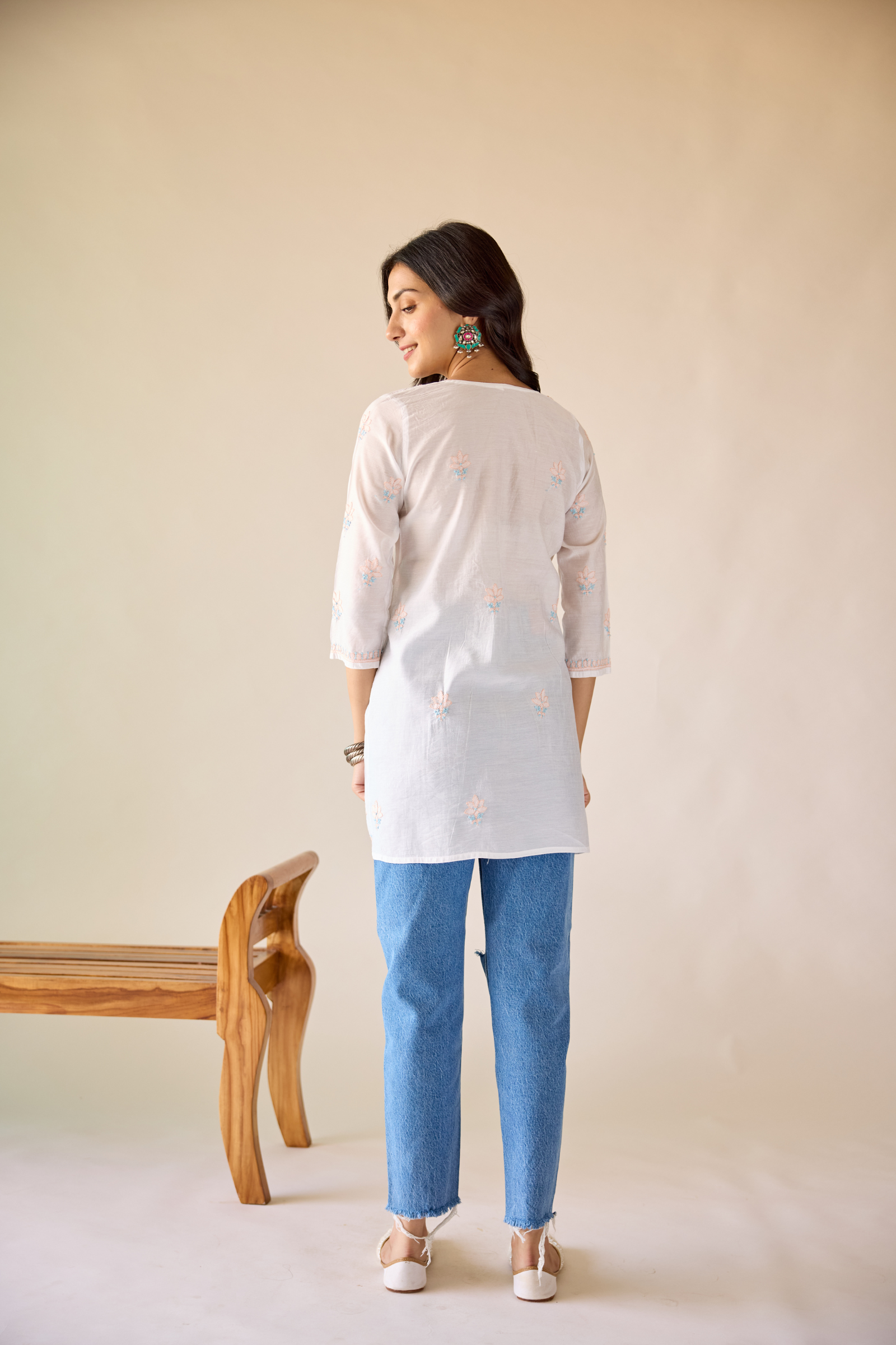 Deepa White Chanderi Hand Embroidered Short Chikankari Kurti