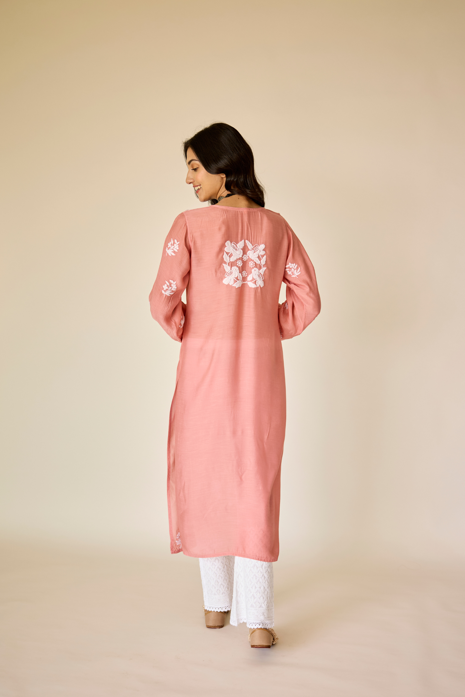 Sumaiya Rust Pink Muslin Hand Embroidered Chikankari Kurta