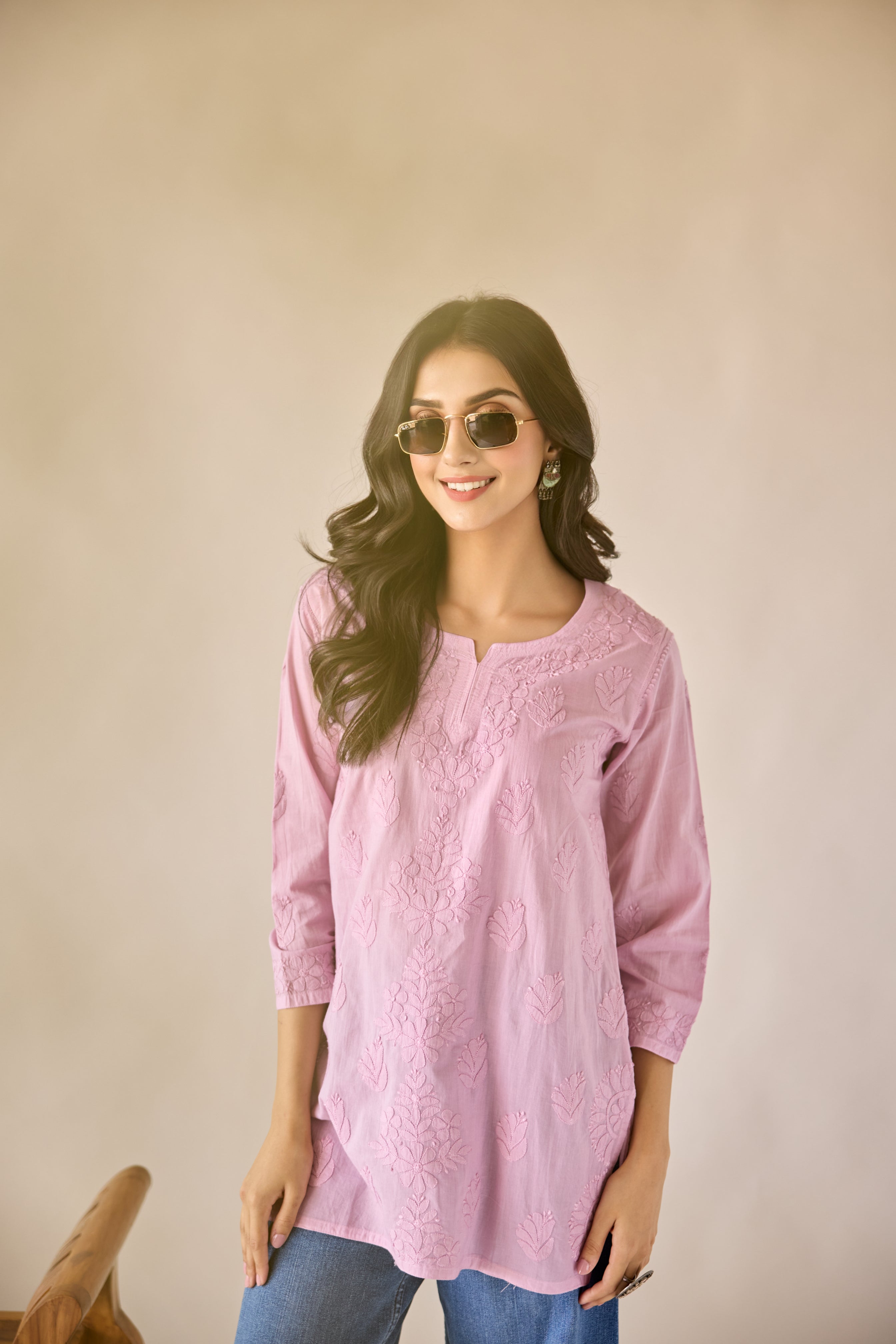 Sonam Lilac Cotton Hand Embroidered Short Chikankari Kurti