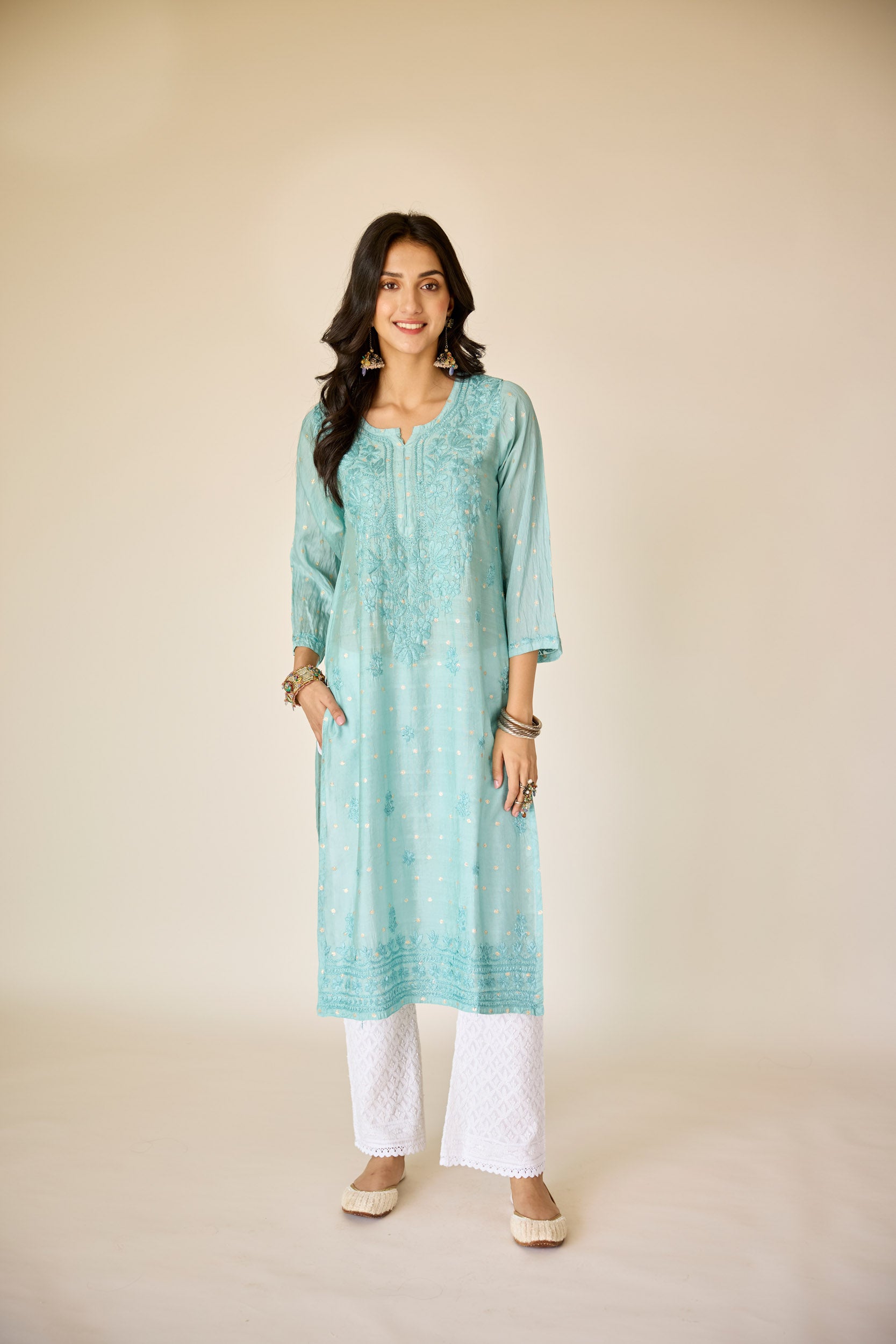 Wafa Blue Chanderi Hand Embroidered Chikankari Kurta