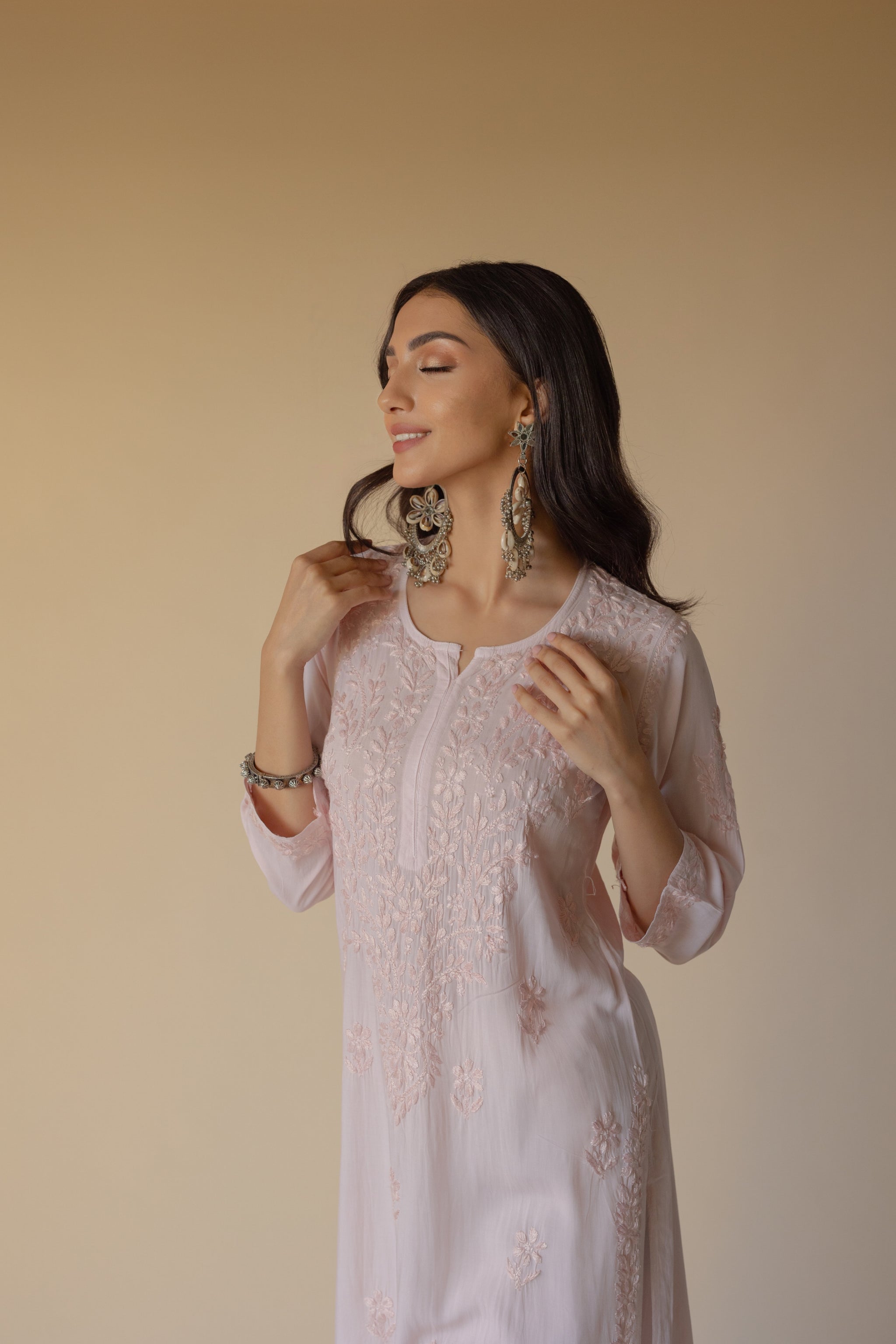 Peach - Chikankari Hand Embroidered Short Flared Kurta / Top