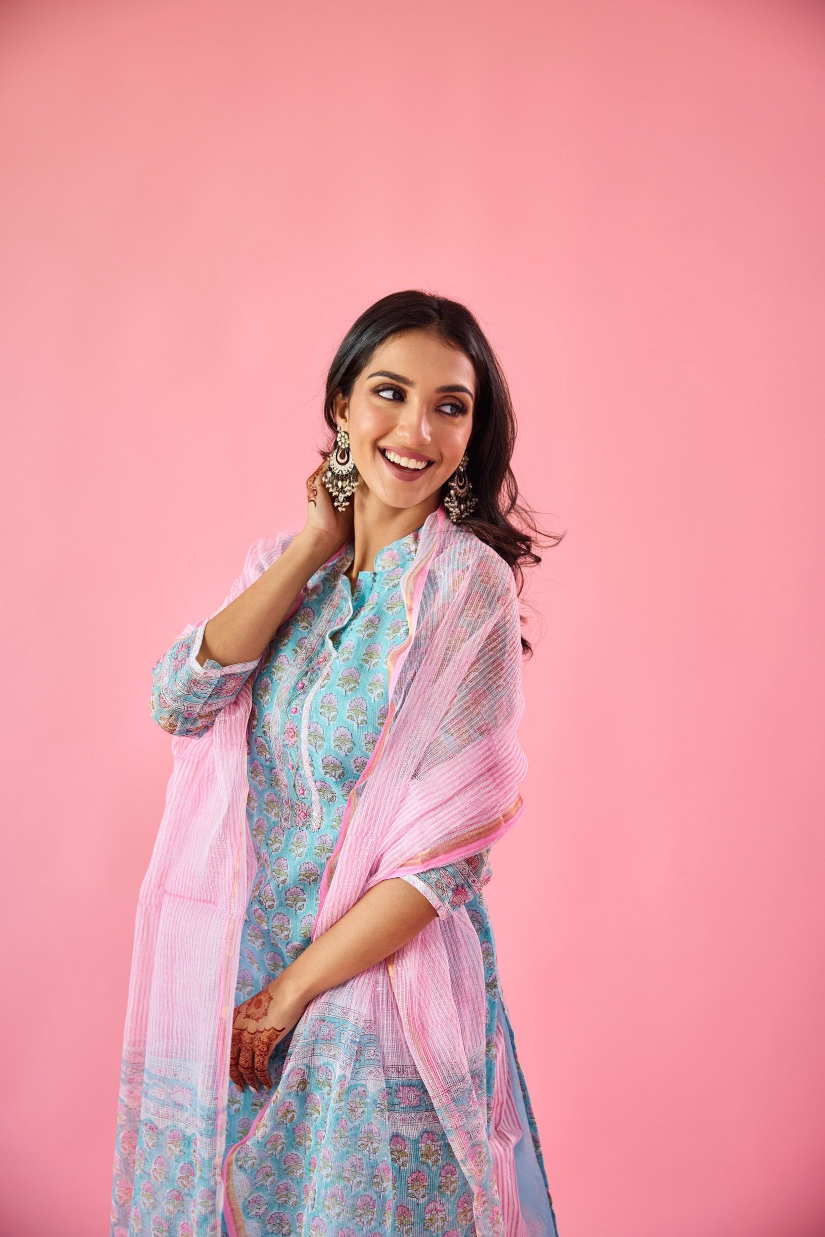 Qudsia Blue & Pink Kota Hand Embellished Kurta Set