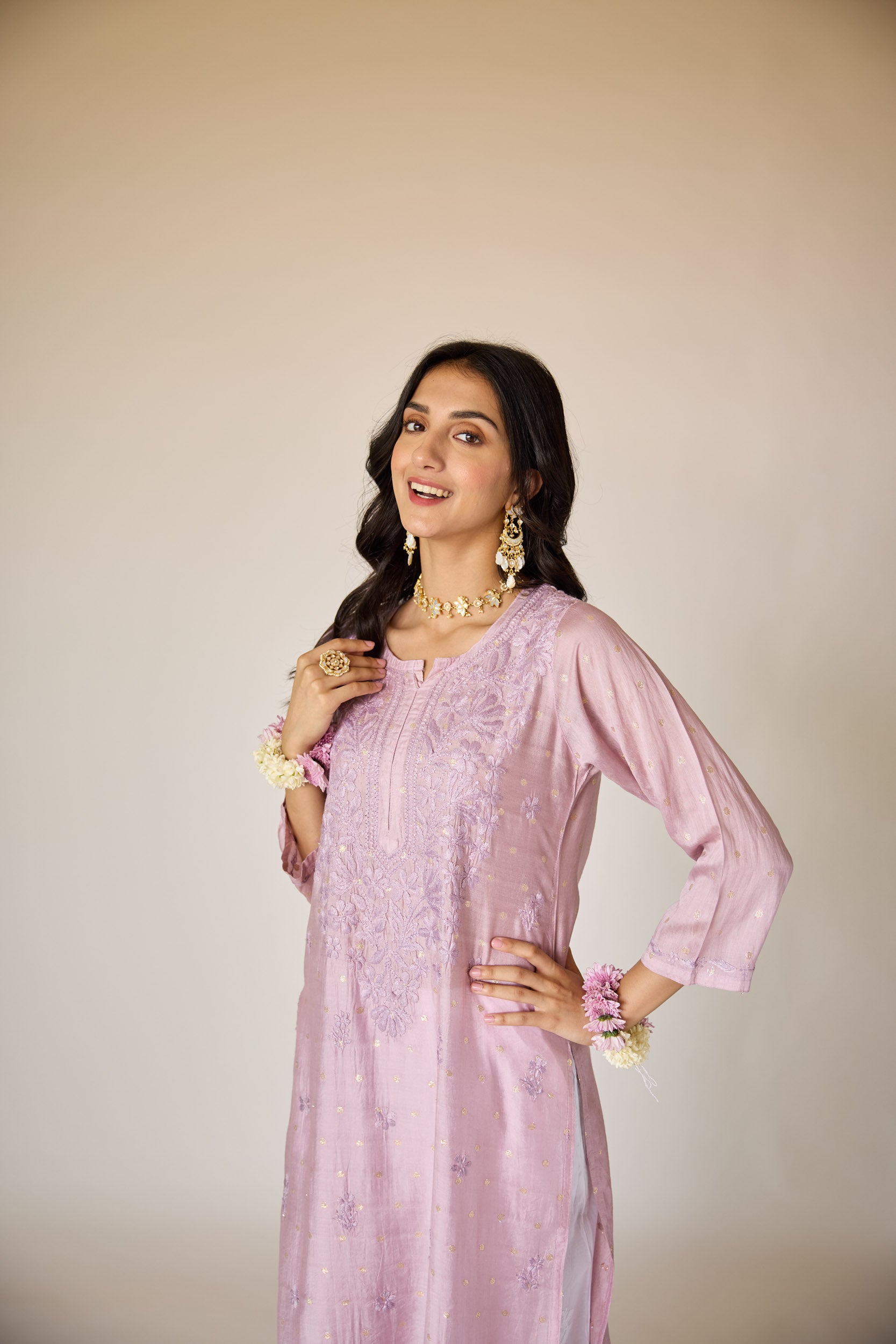Jasmine Lilac Chanderi Hand Embroidered Chikankari Kurta