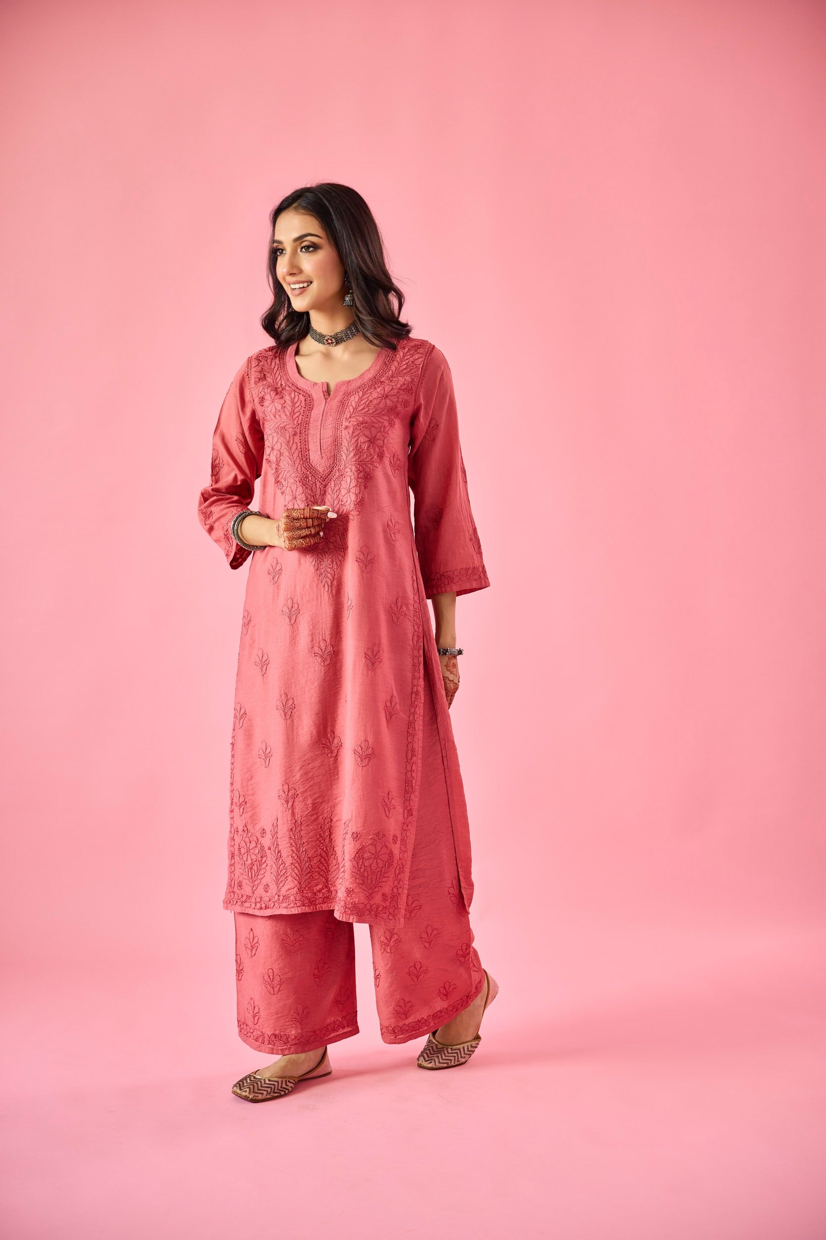 Macaba Rust Chanderi Hand Embroidered Chikankari Kurta & Pant Set