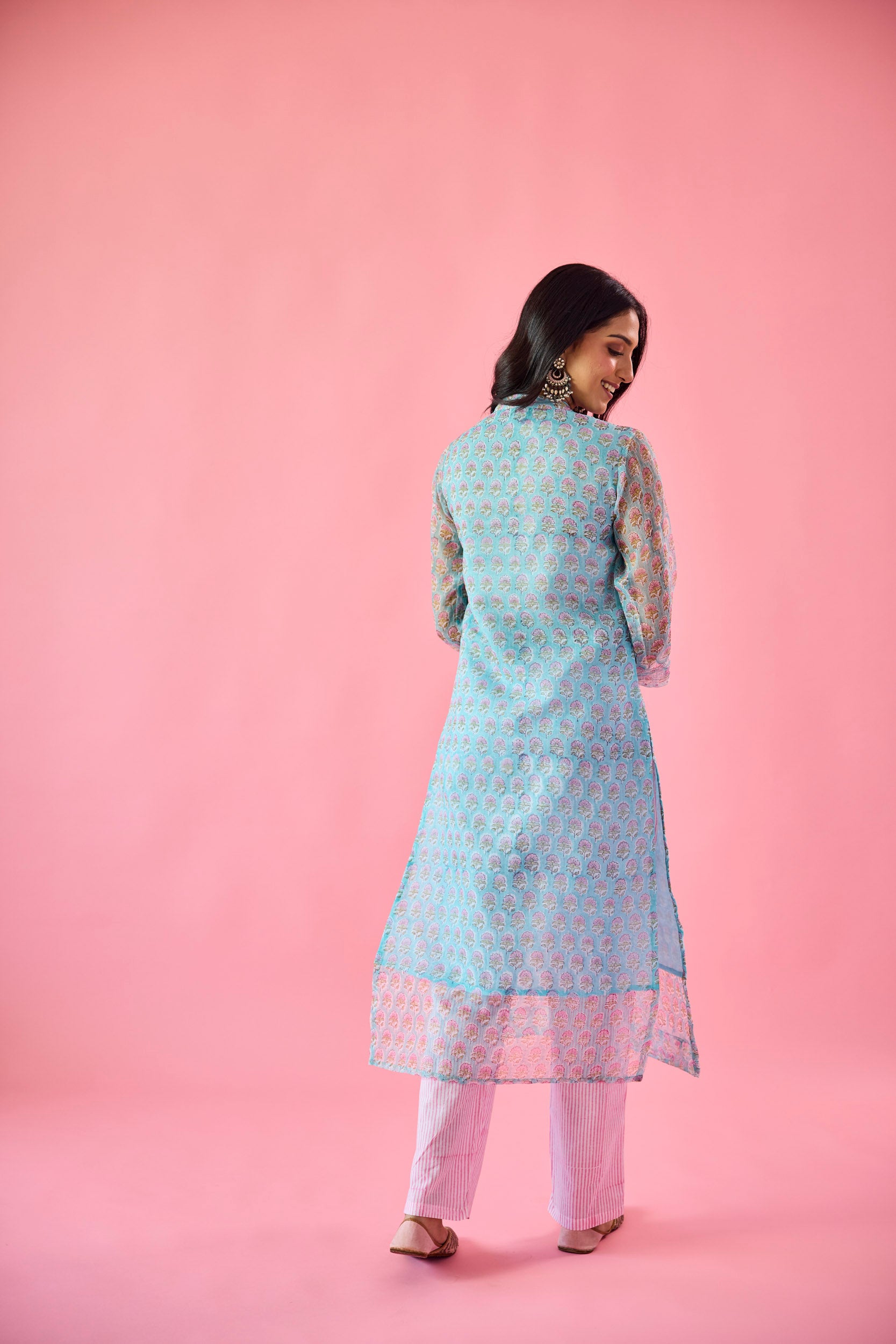 Qudsia Blue & Pink Kota Hand Embellished Kurta Set