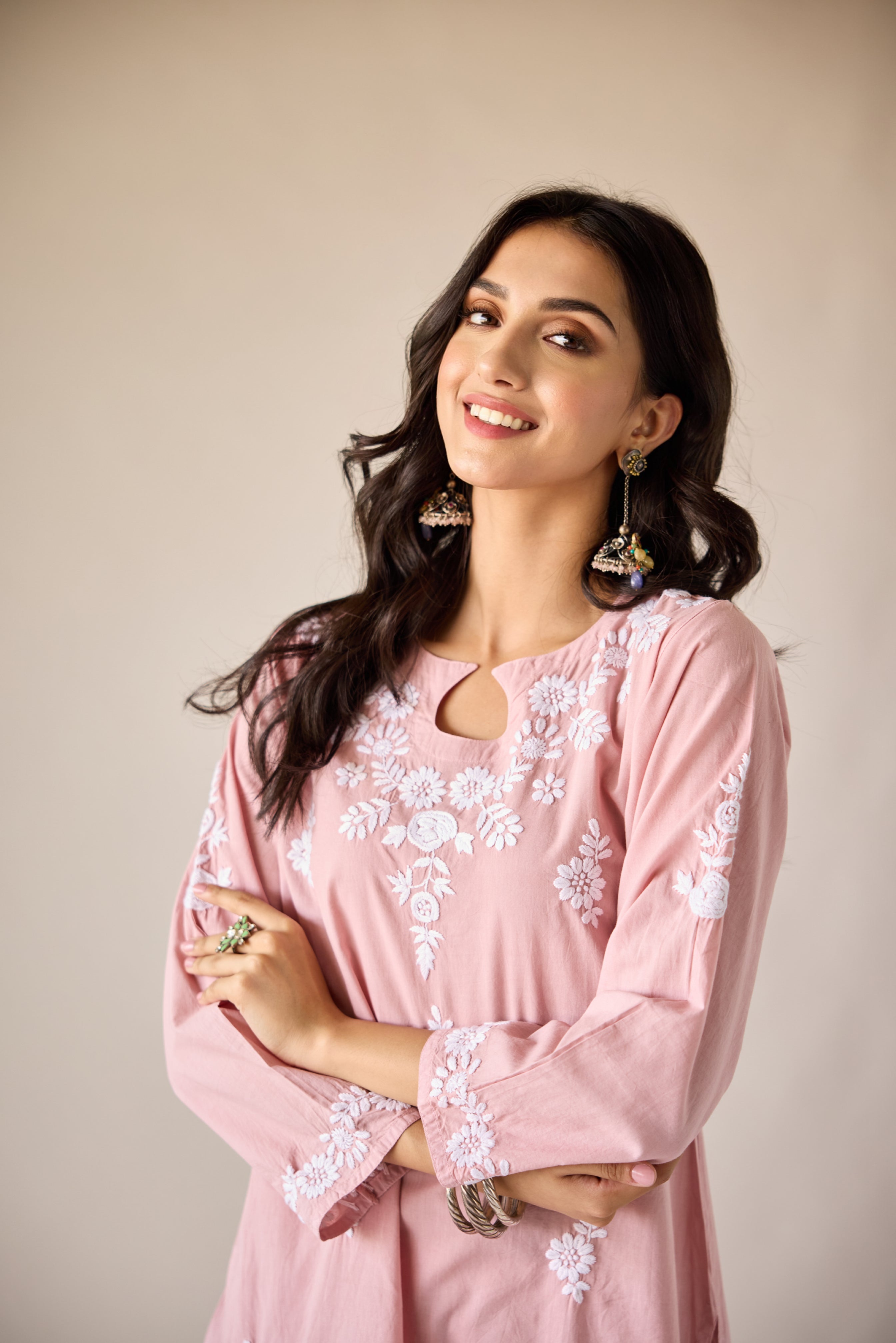 Mira Pink Cotton Hand Embroidered Chikankari Kurta & Pant Set
