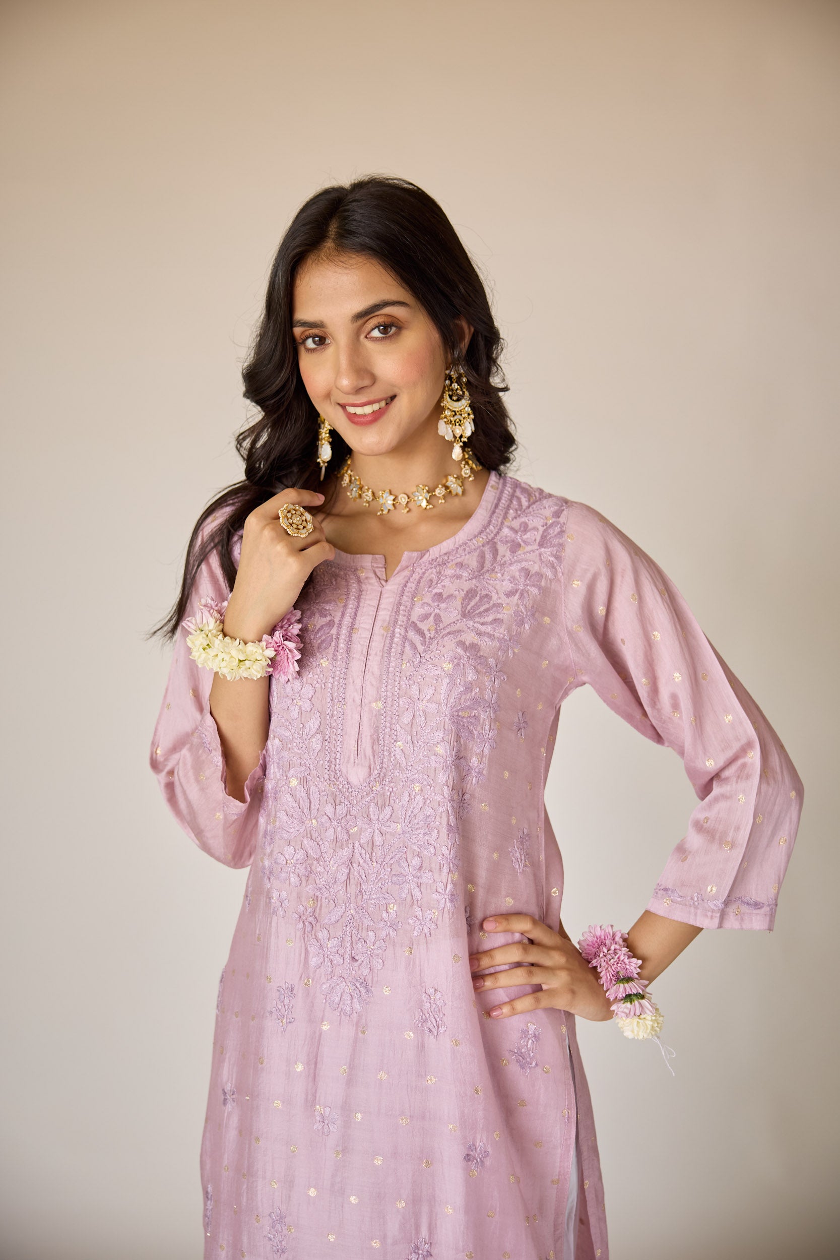 Jasmine Lilac Chanderi Hand Embroidered Chikankari Kurta