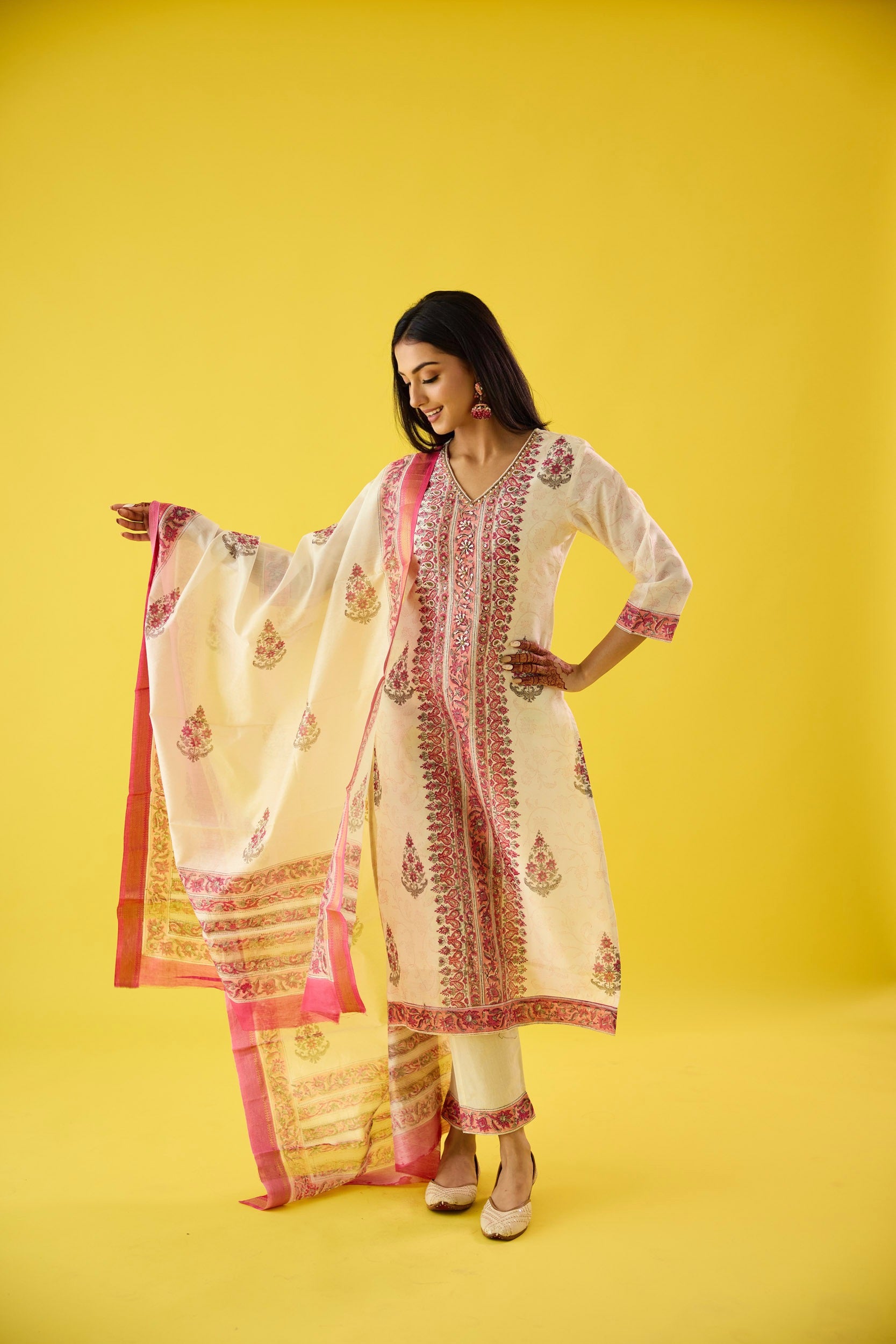 Nazaakat Pink & Off White Chanderi Hand Embellished Kurta Set