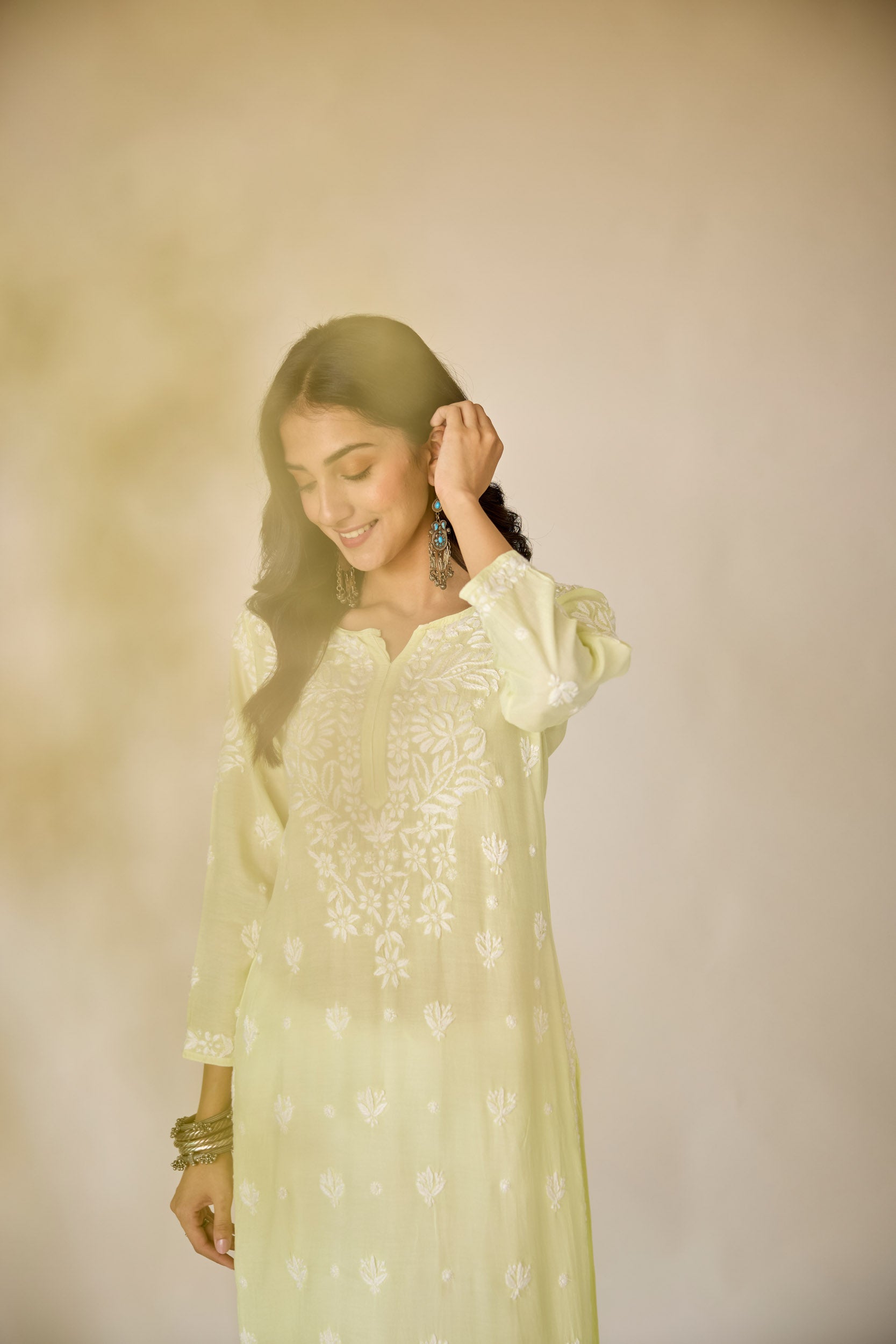 Raha Lime Green Muslin Hand Embroidered Chikankari Kurta