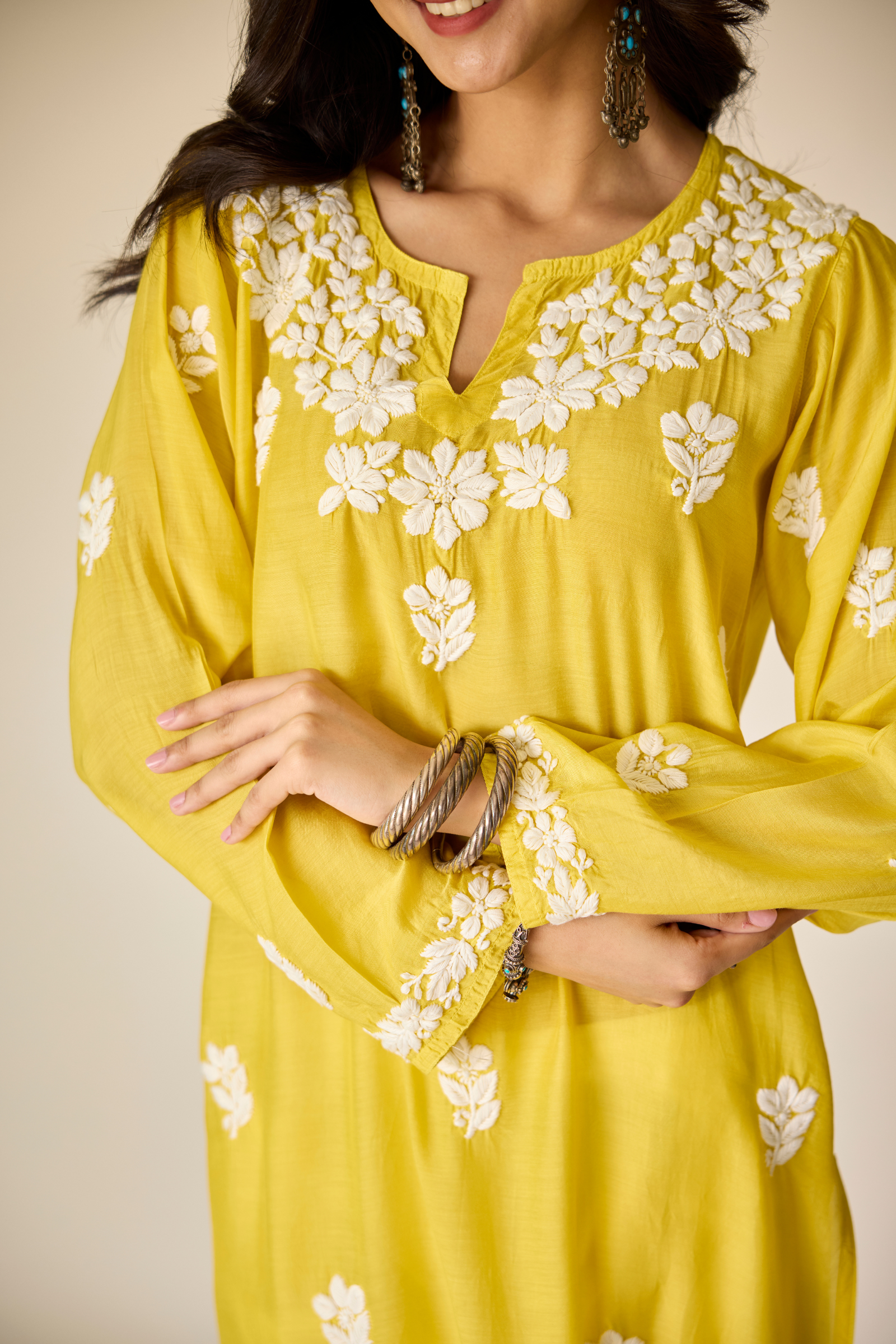 Sofiya Yellow Muslin Hand Embroidered Chikankari Kurta