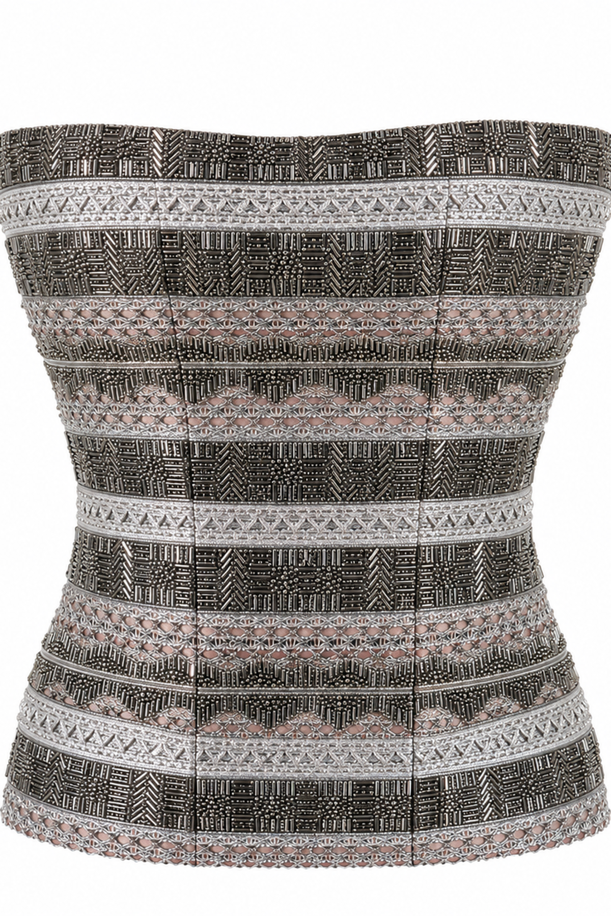 Zeenat Strapless Silver Corset in Multi-Katdana Lace and Beadwork