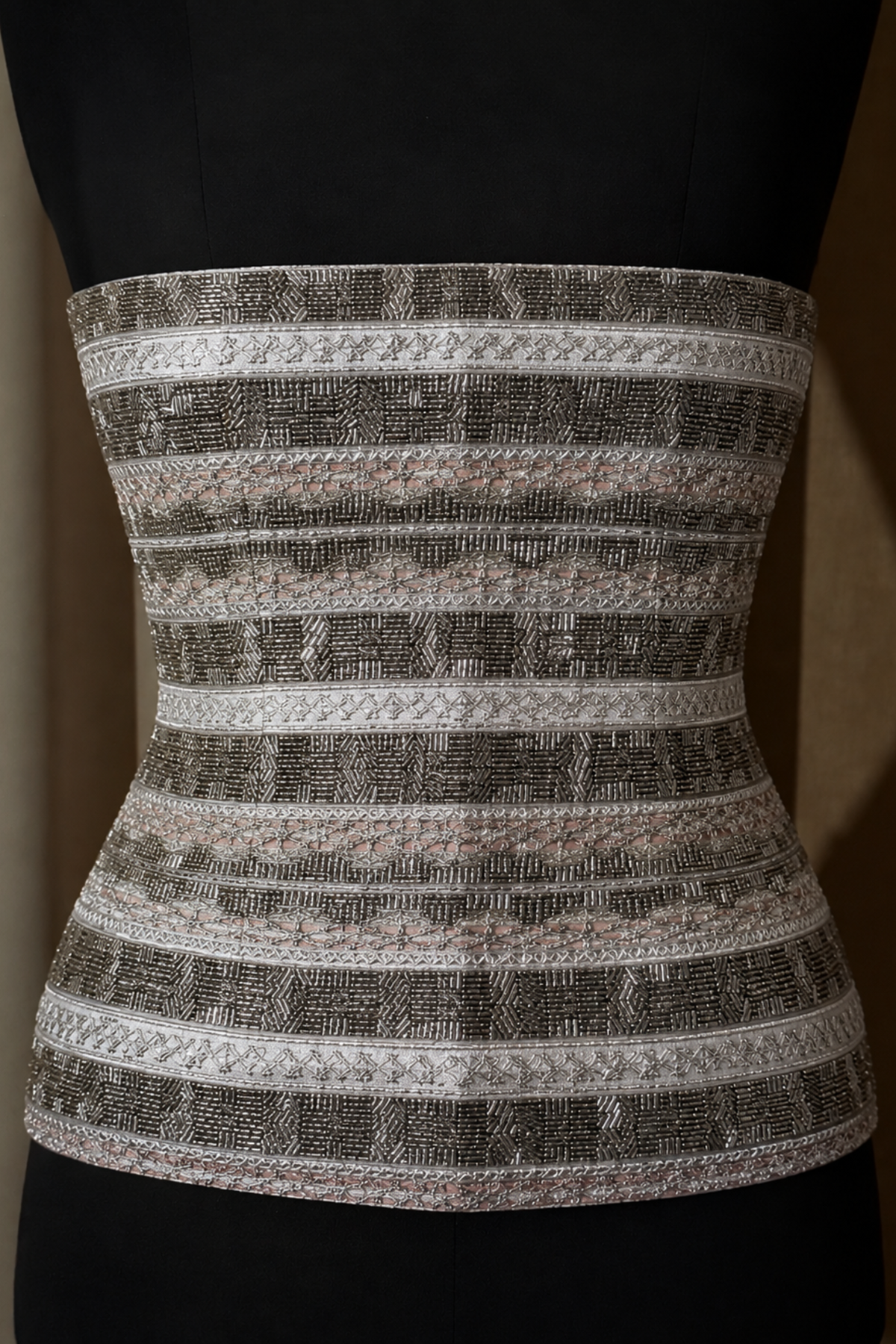 Zeenat Strapless Silver Corset in Multi-Katdana Lace and Beadwork