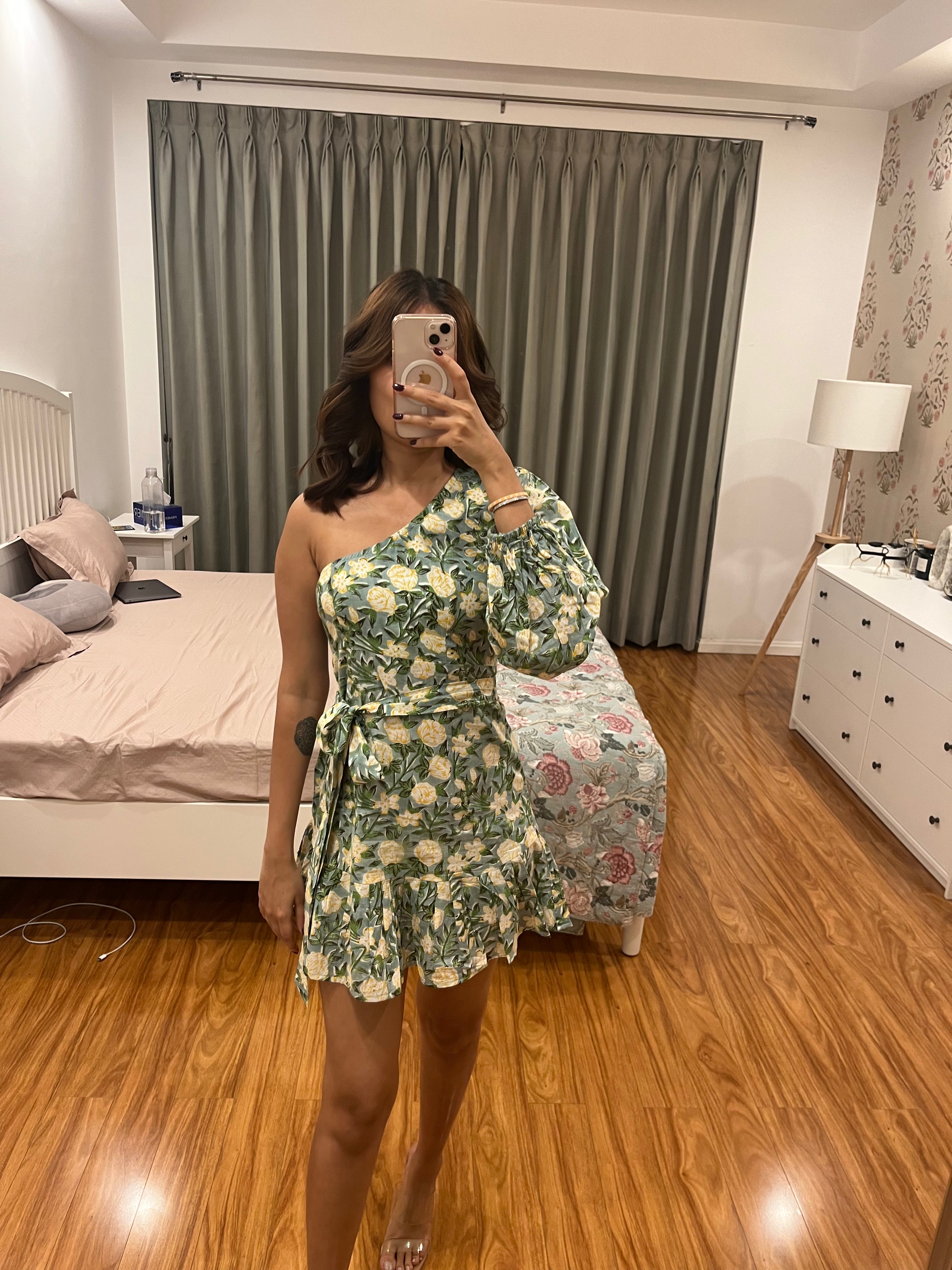 Freya Green Printed Cotton One Shoulder Dress