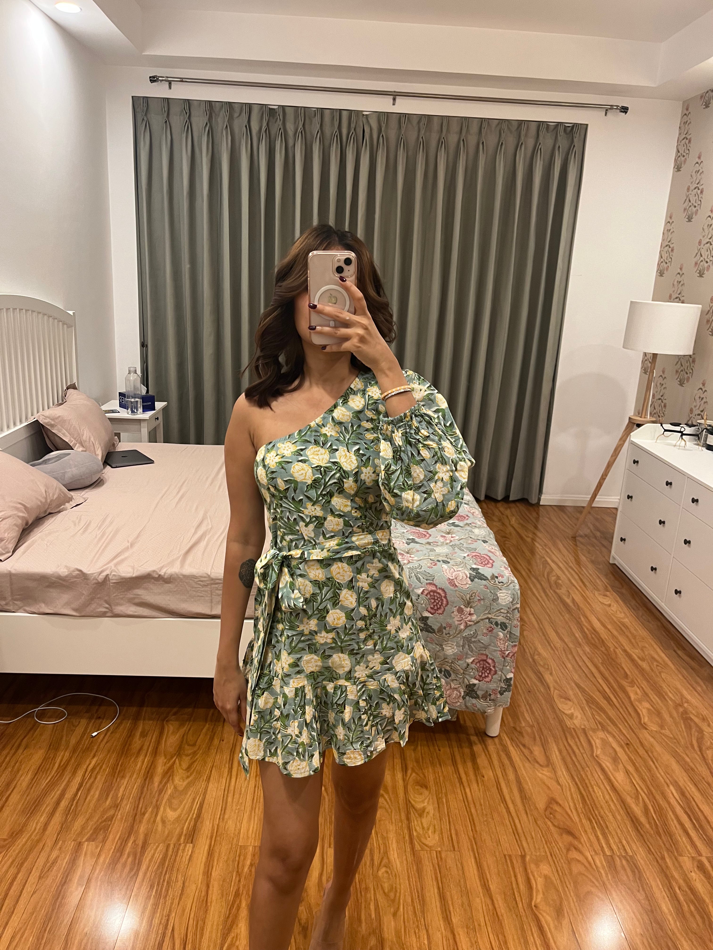 Freya Green Printed Cotton One Shoulder Dress