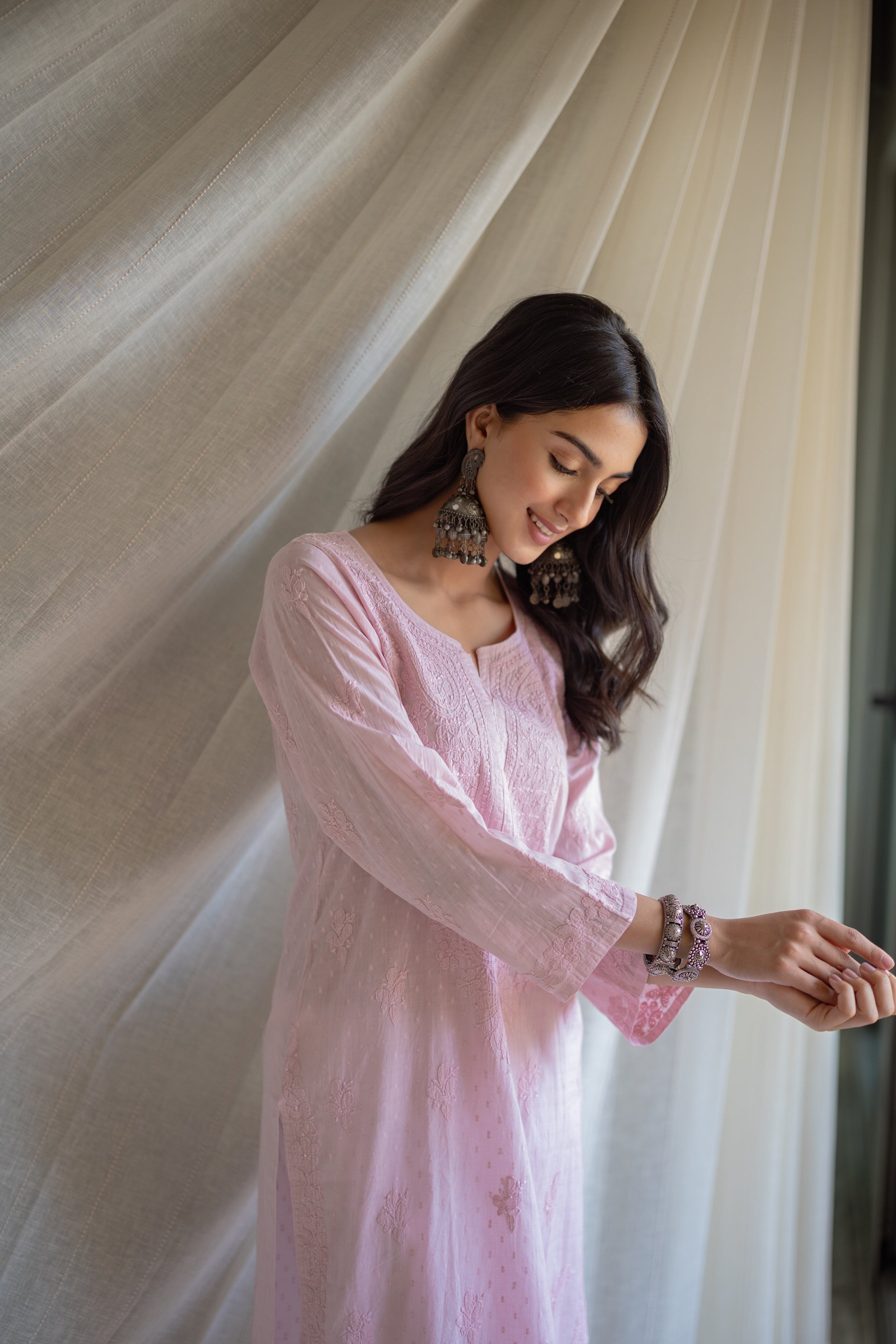 Gazala Pink Dobby Cotton Hand Embroidered Chikankari Kurta