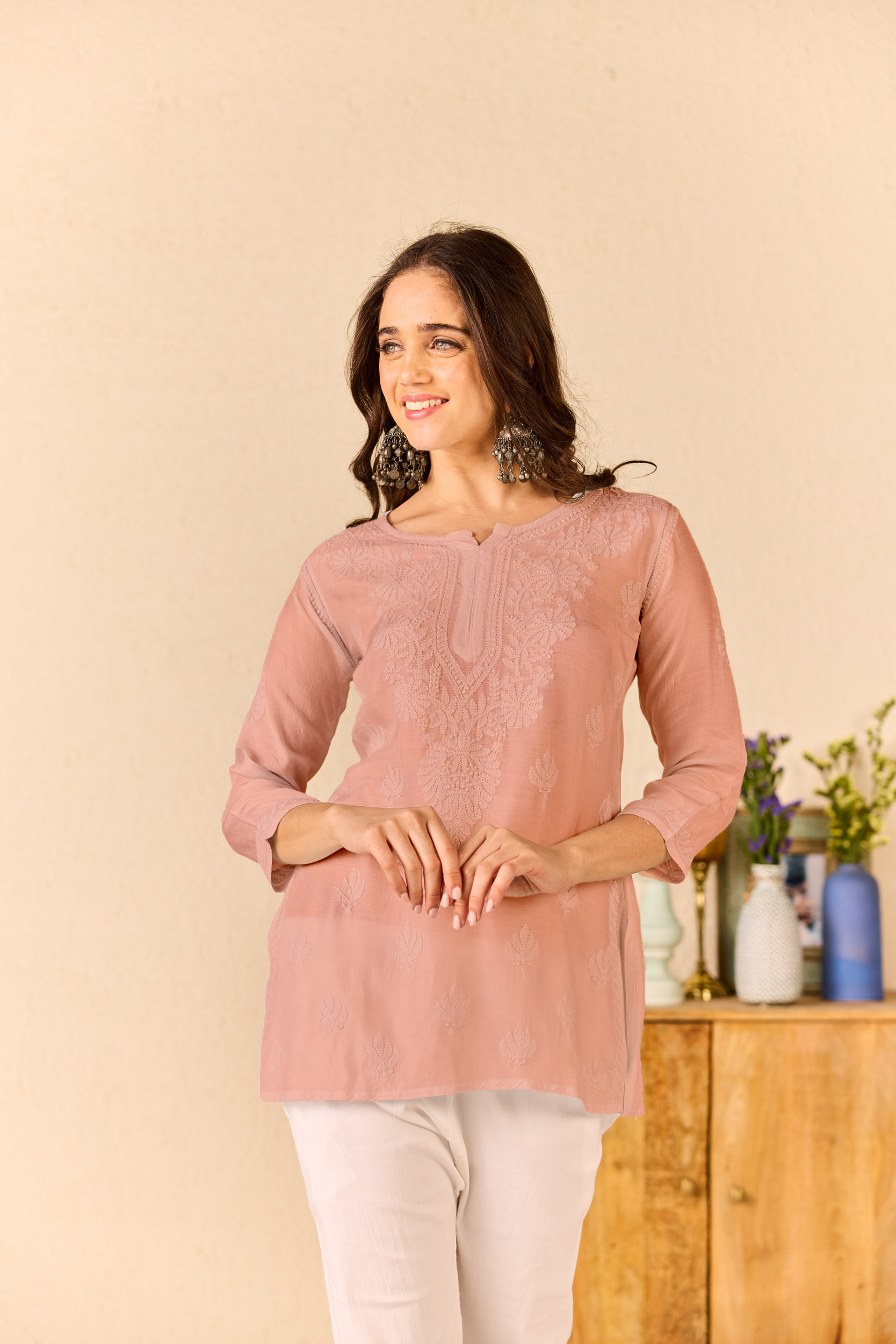 Zuhair Rose Pink Muslin Hand Embroidered Short Chikankari Kurti
