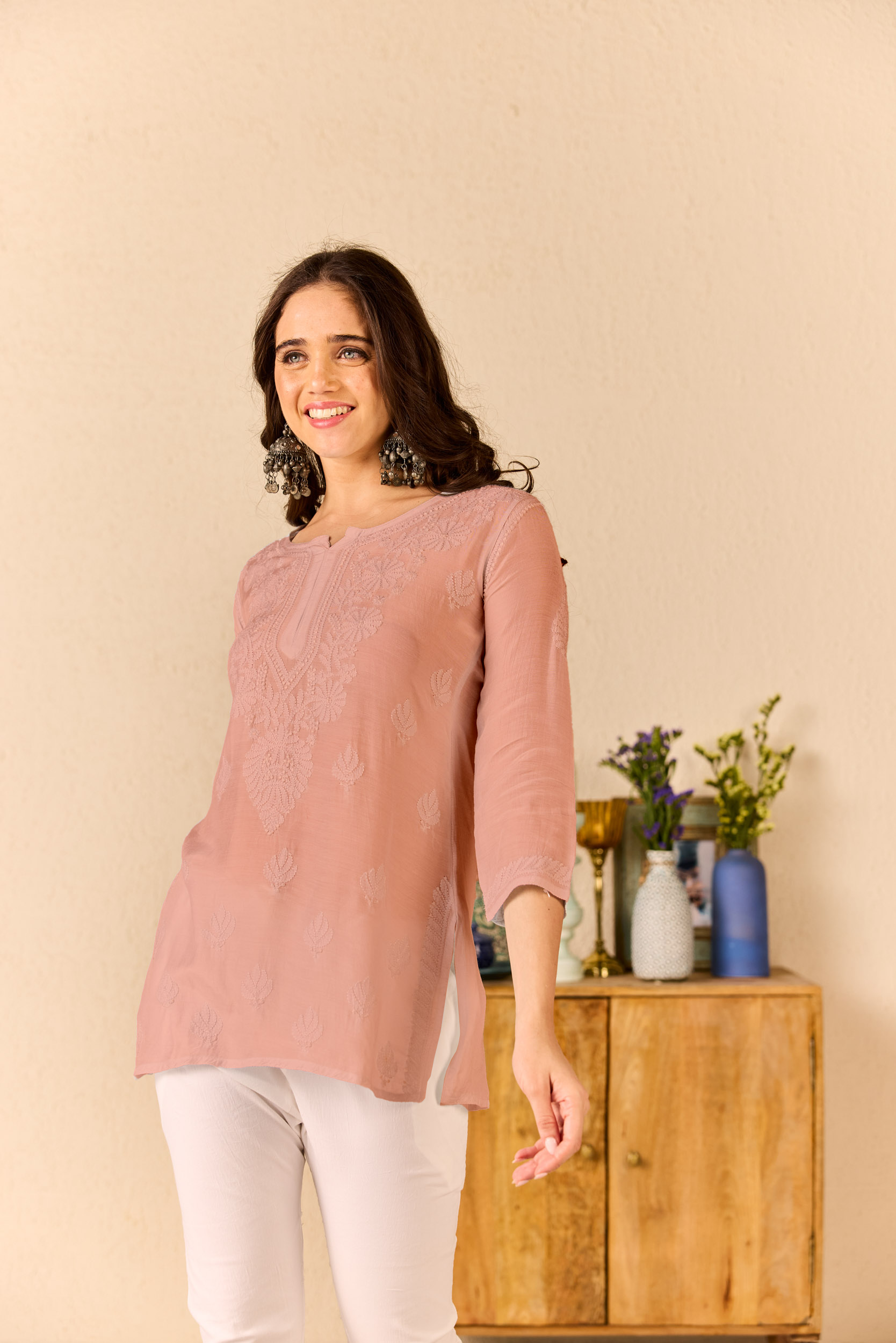 Zuhair Rose Pink Muslin Hand Embroidered Short Chikankari Kurti