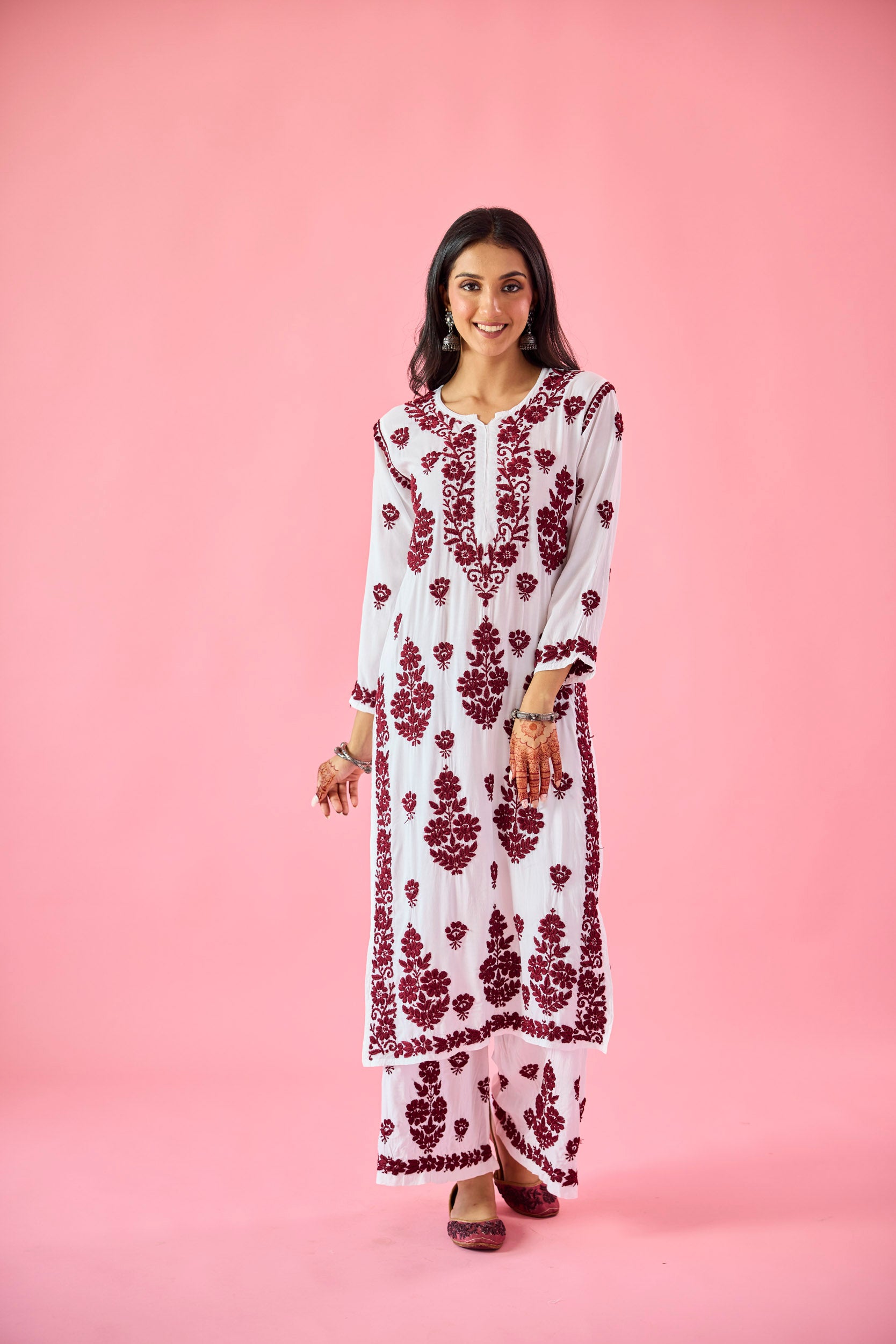 Gyaani Maroon & White Modal Hand Embroidered Chikankari Kurta & Pant Set