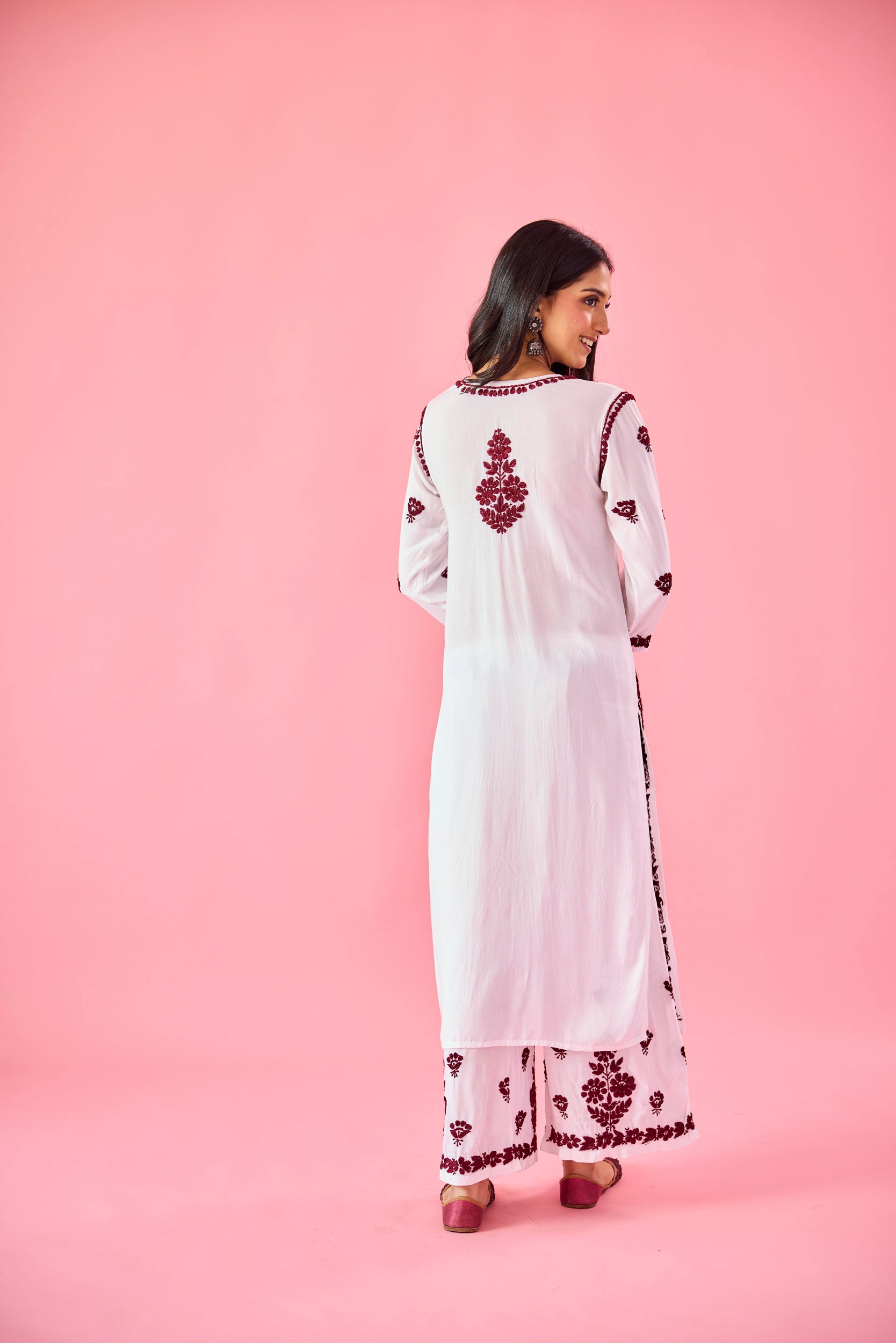 Gyaani Maroon & White Modal Hand Embroidered Chikankari Kurta & Pant Set