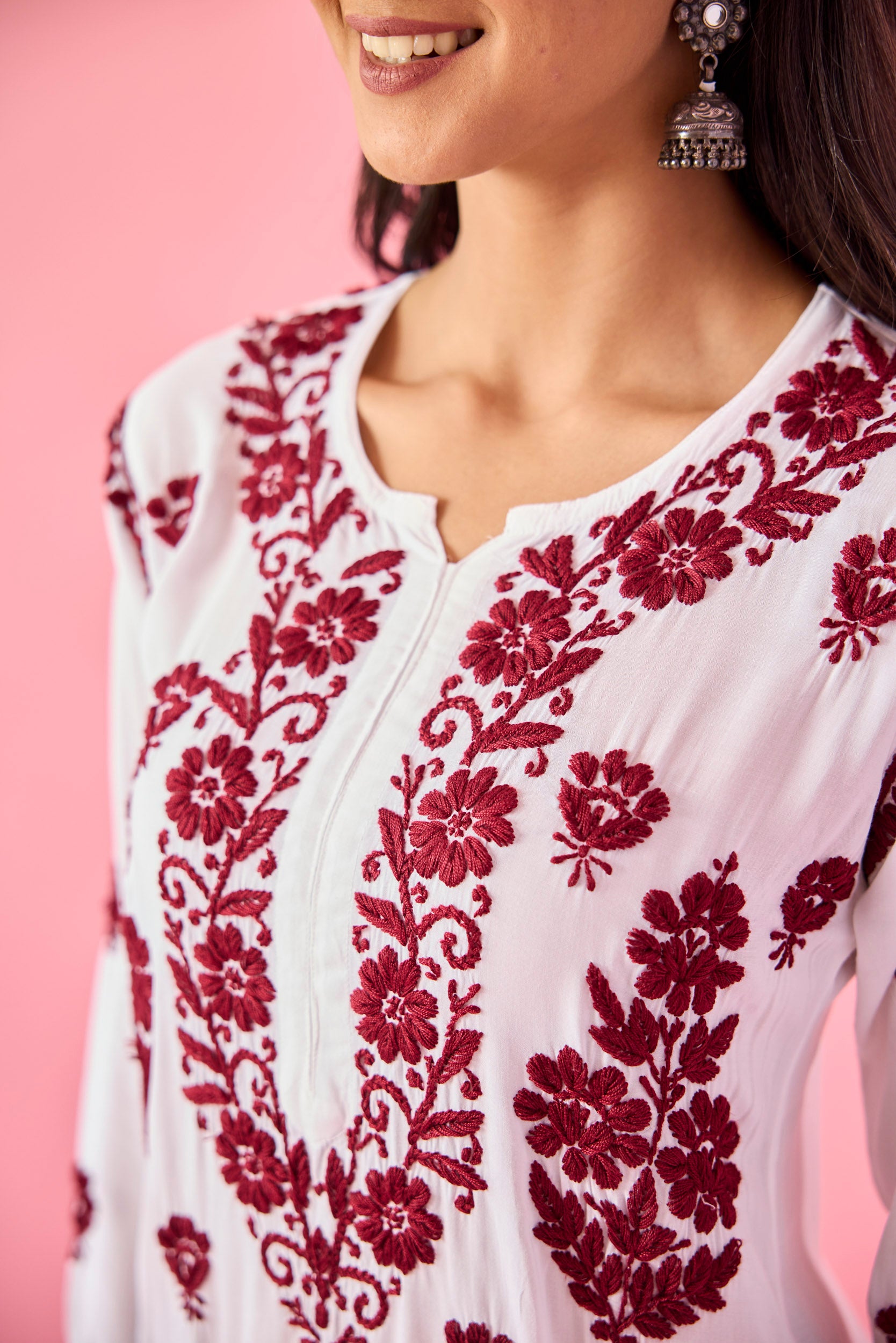 Gyaani Maroon & White Modal Hand Embroidered Chikankari Kurta & Pant Set