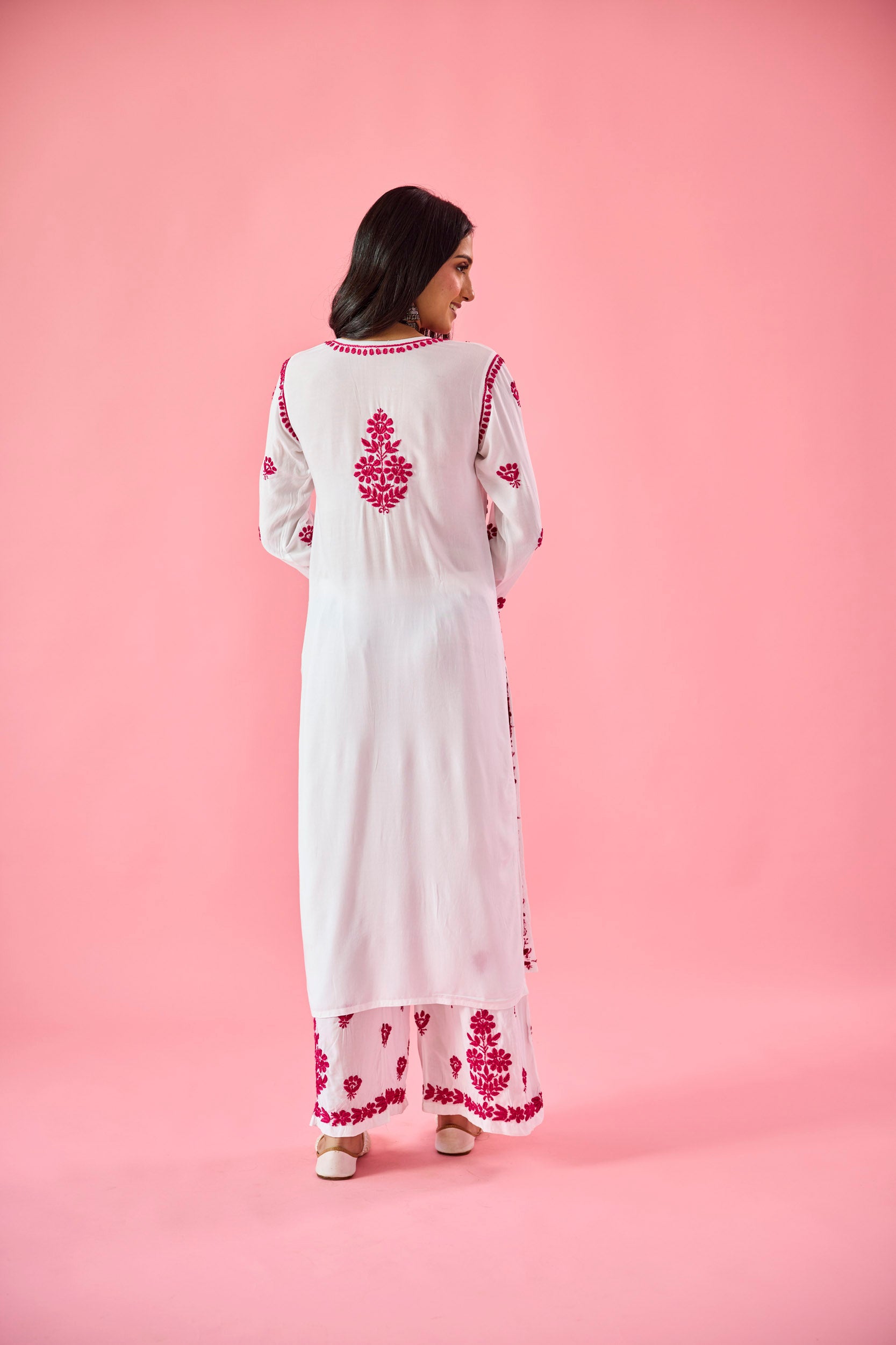 Lakshita Pink & White Modal Hand Embroidered Chikankari Kurta & Pant Set