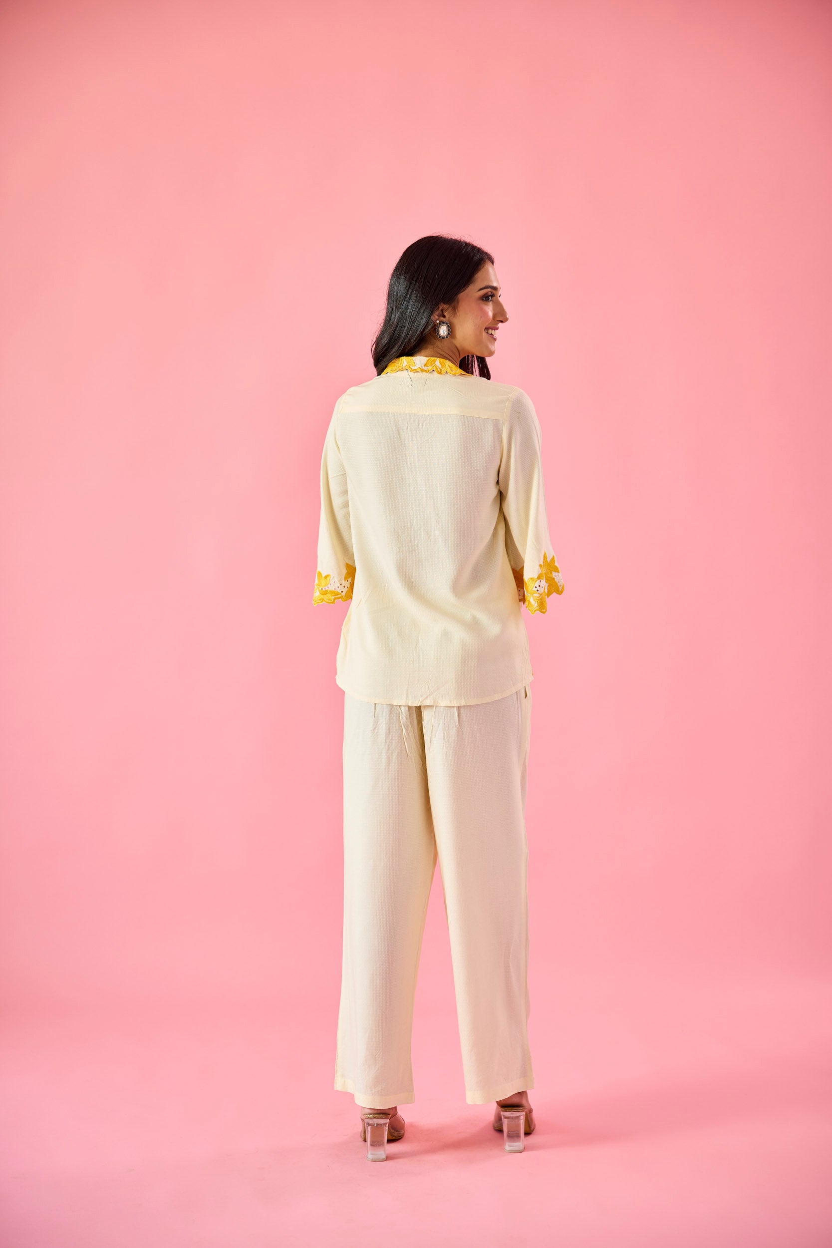 Gossamer Cream & Yellow Cotton Embroidered Co-ord Set