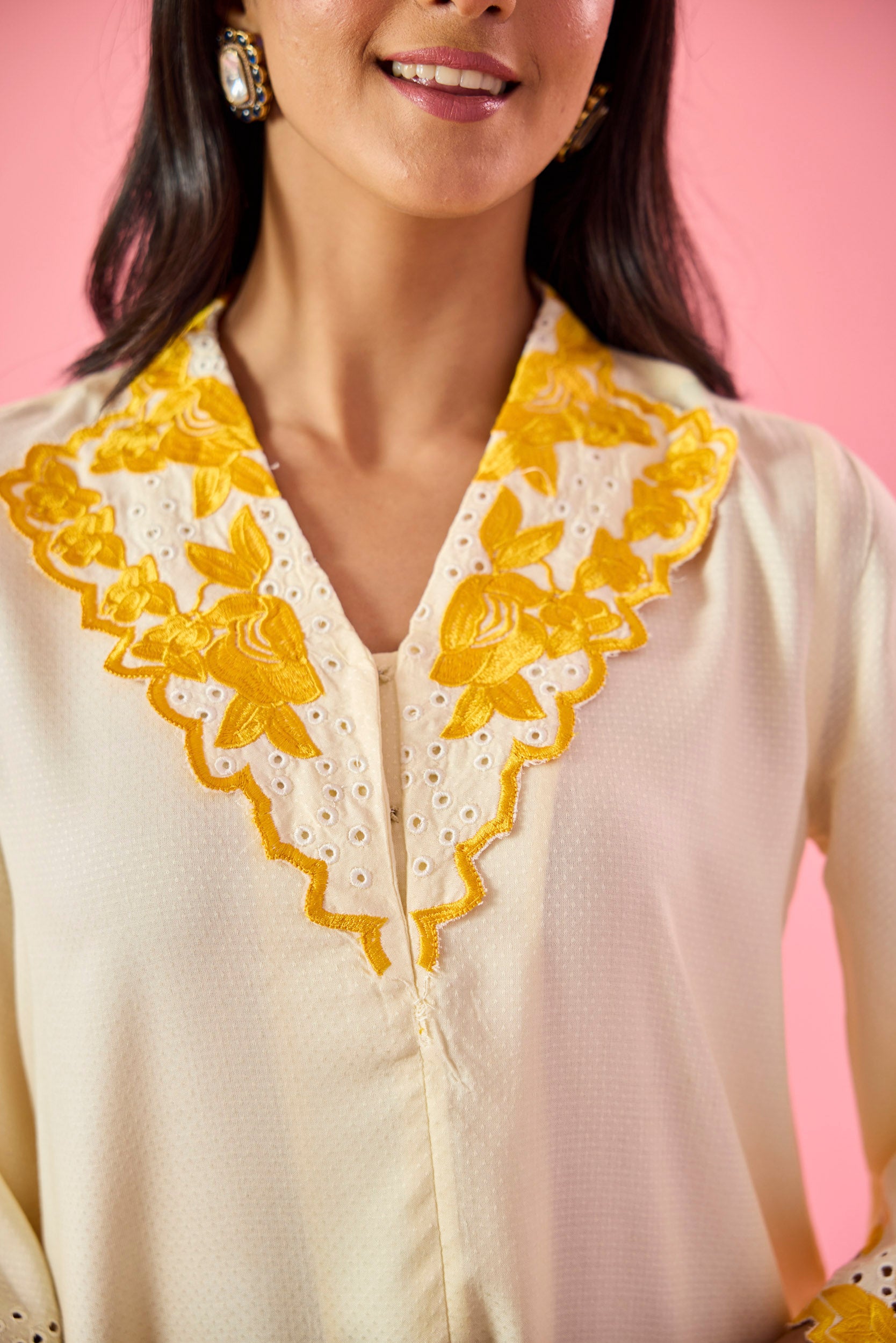 Gossamer Cream & Yellow Cotton Embroidered Co-ord Set