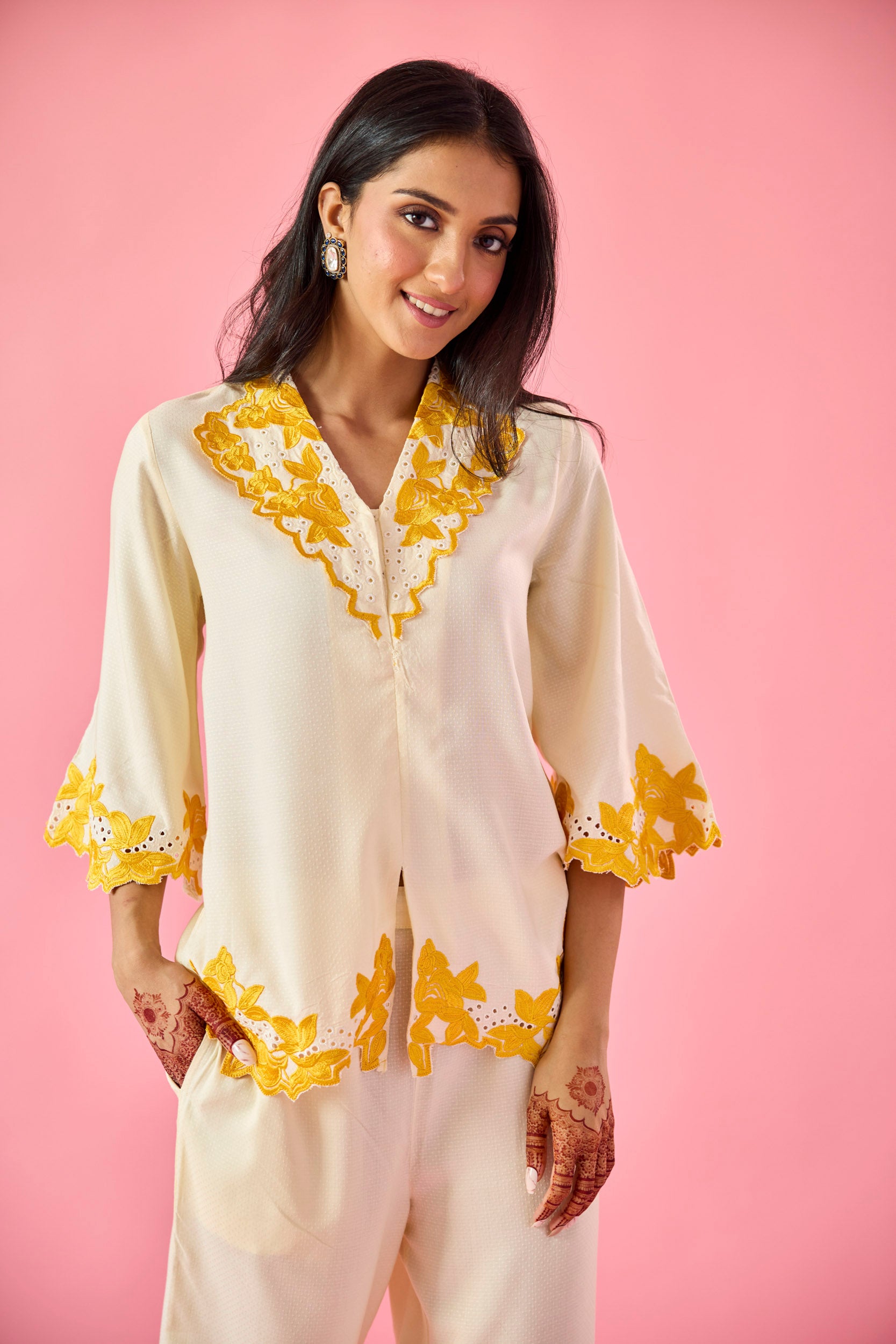 Gossamer Cream & Yellow Cotton Embroidered Co-ord Set