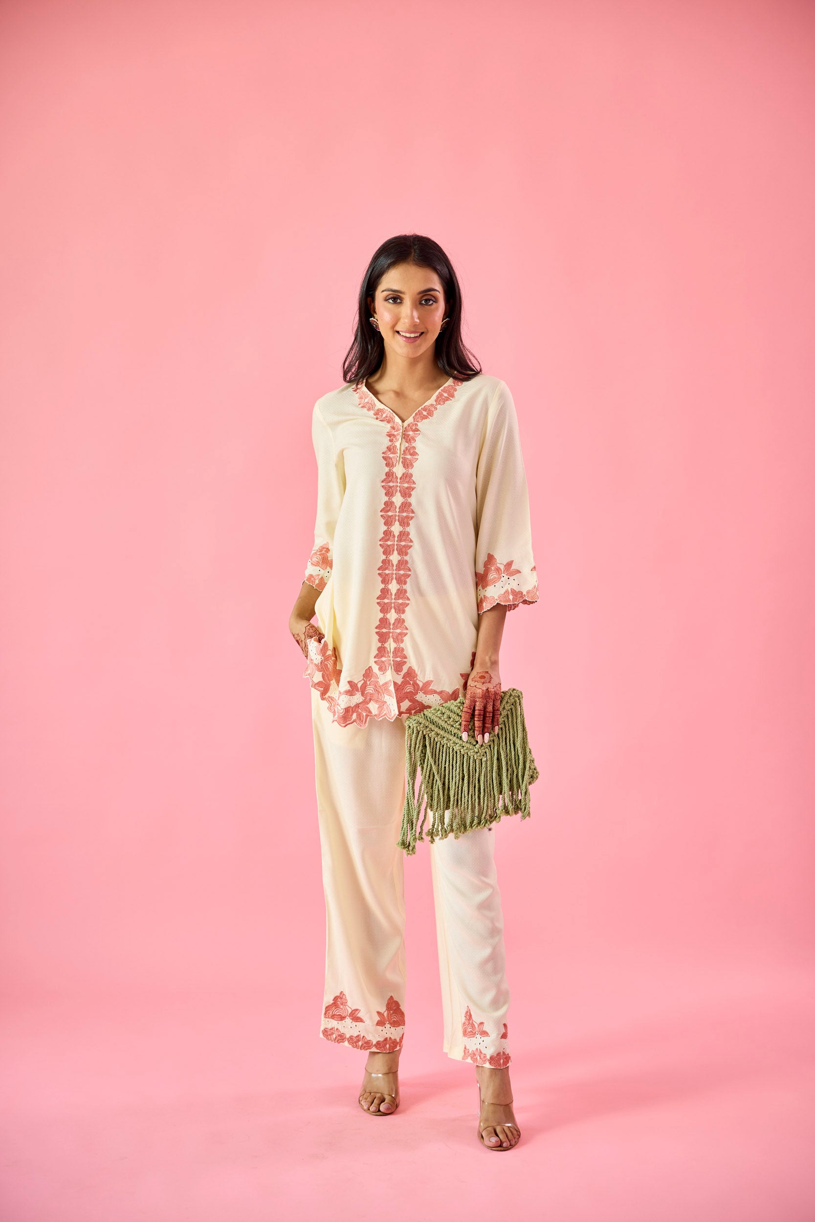 Gossamer Cream & Yellow Cotton Embroidered Co-ord Set