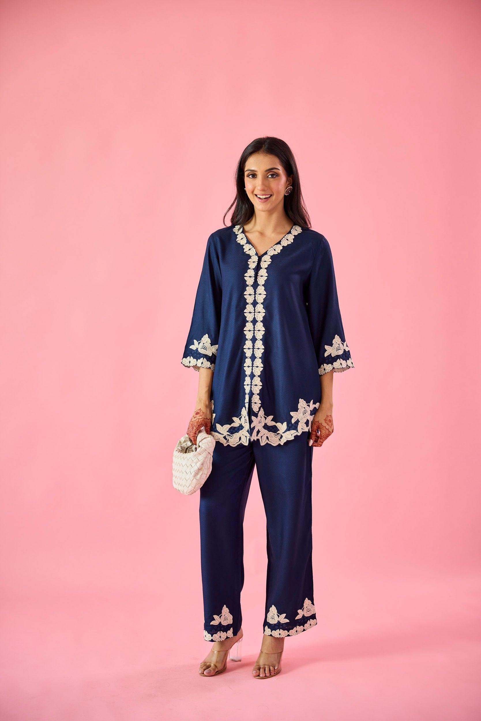 Whisper Navy Blue Cotton Embroidered Co-ord Set