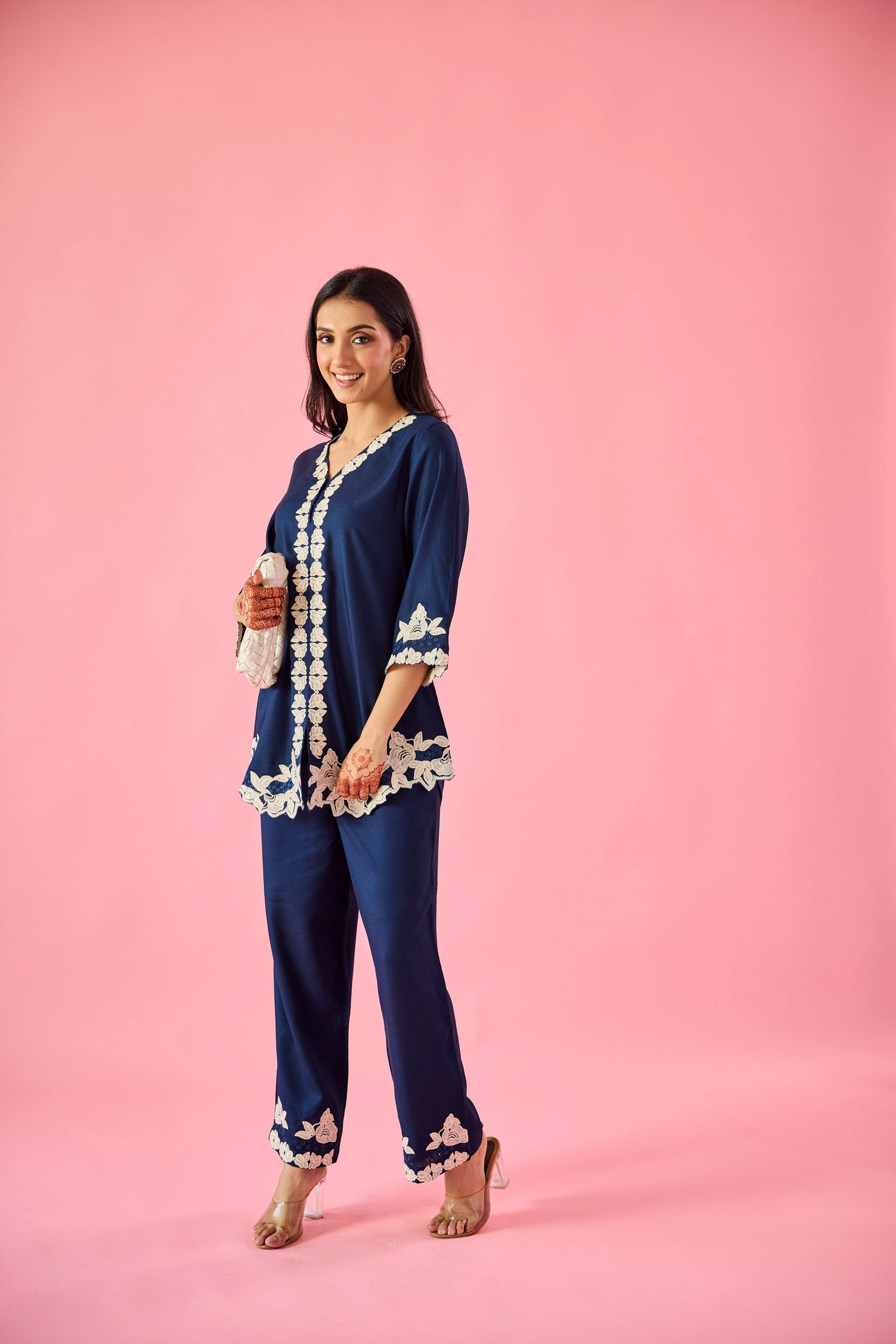 Whisper Navy Blue Cotton Embroidered Co-ord Set