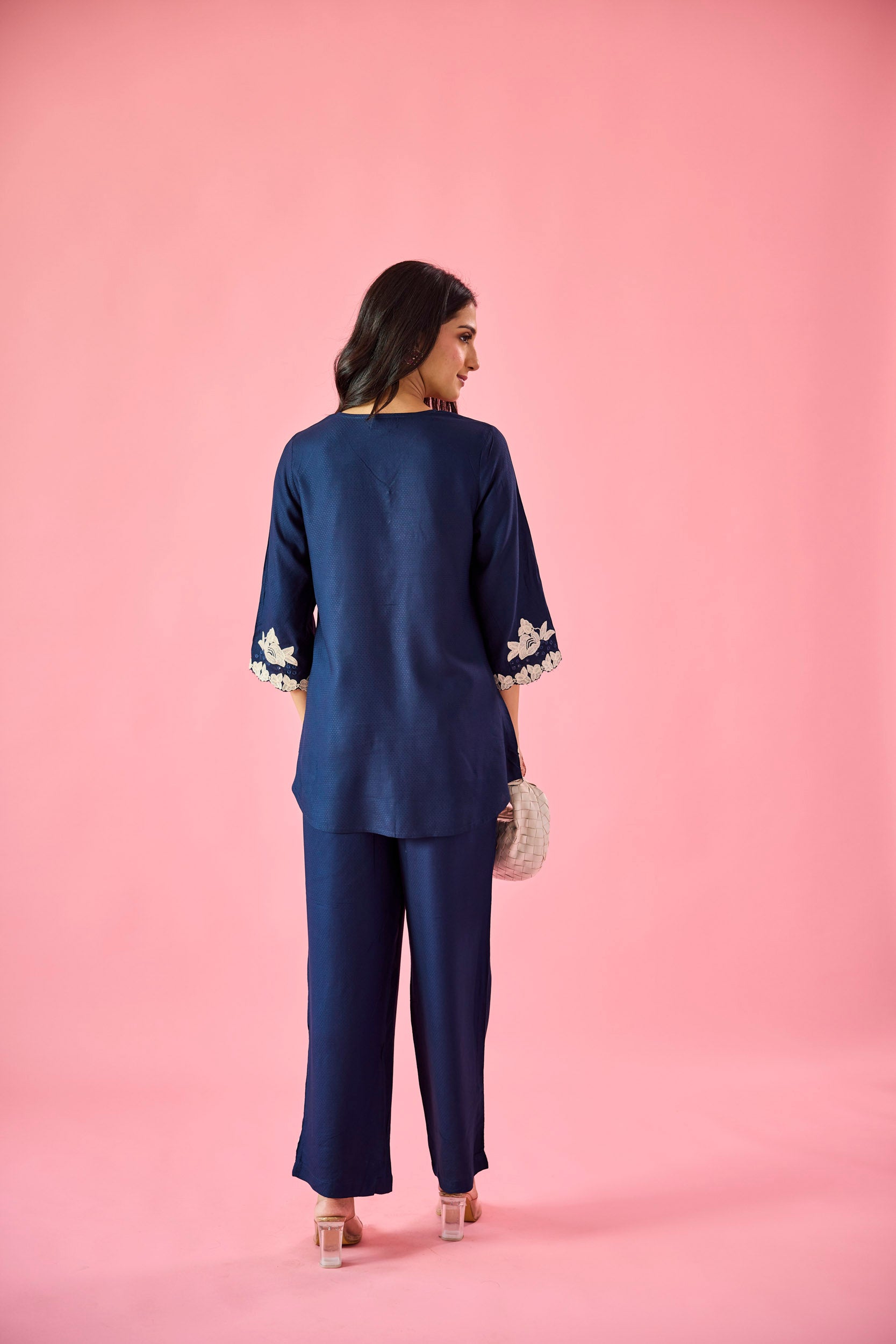 Whisper Navy Blue Cotton Embroidered Co-ord Set