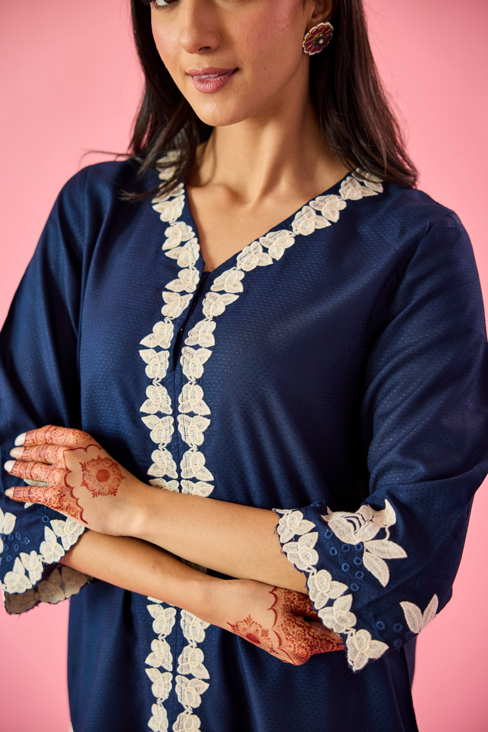 Whisper Navy Blue Cotton Embroidered Co-ord Set