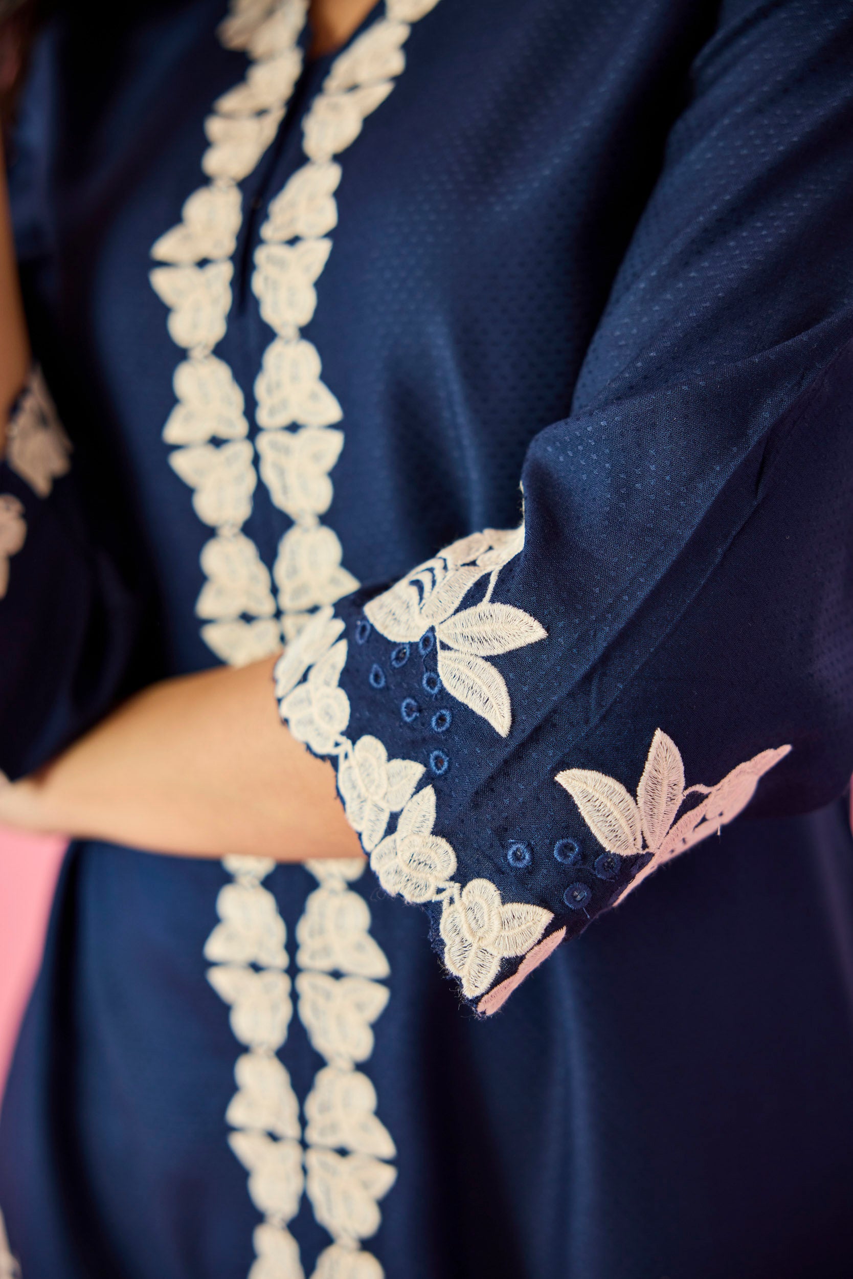 Whisper Navy Blue Cotton Embroidered Co-ord Set