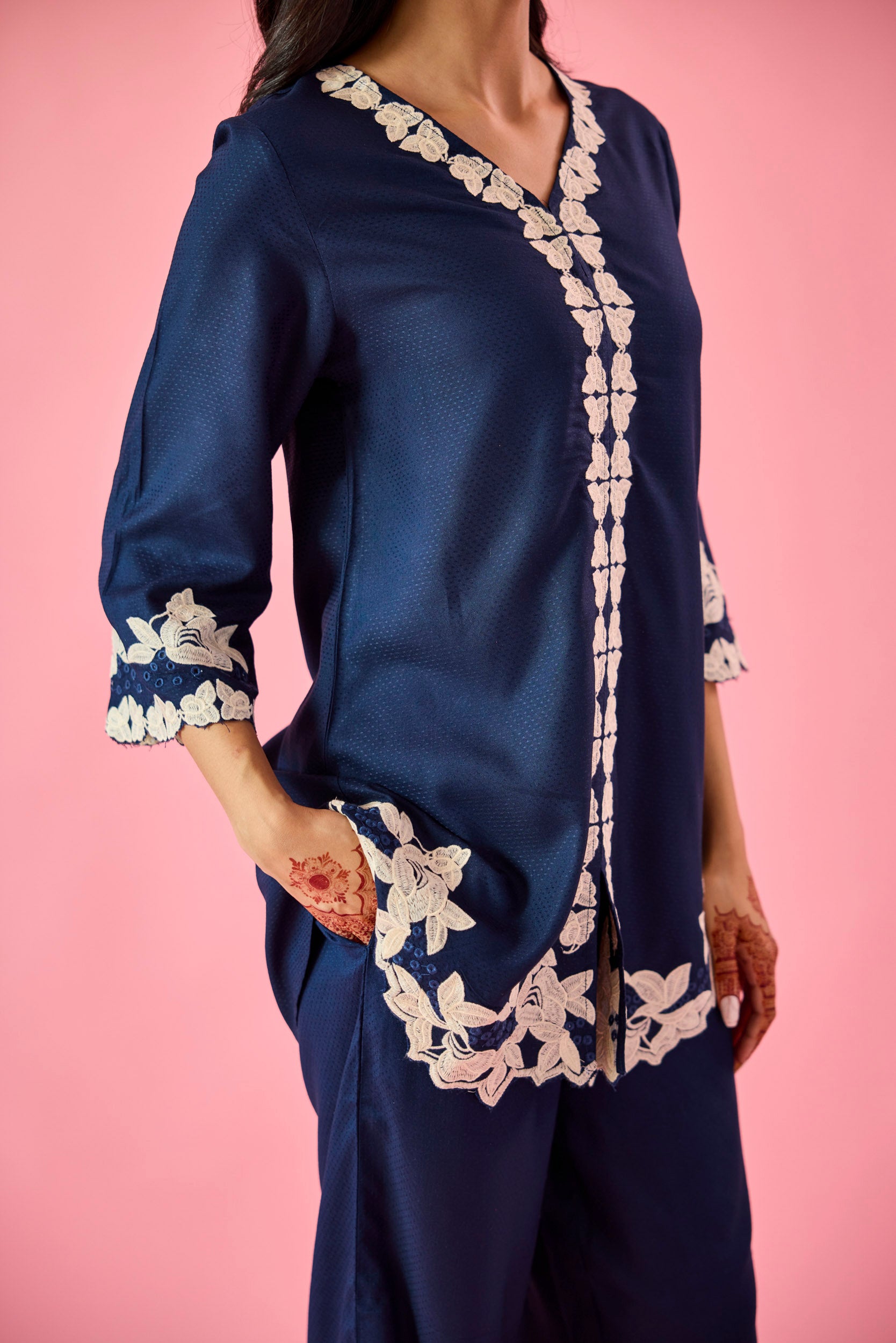 Whisper Navy Blue Cotton Embroidered Co-ord Set