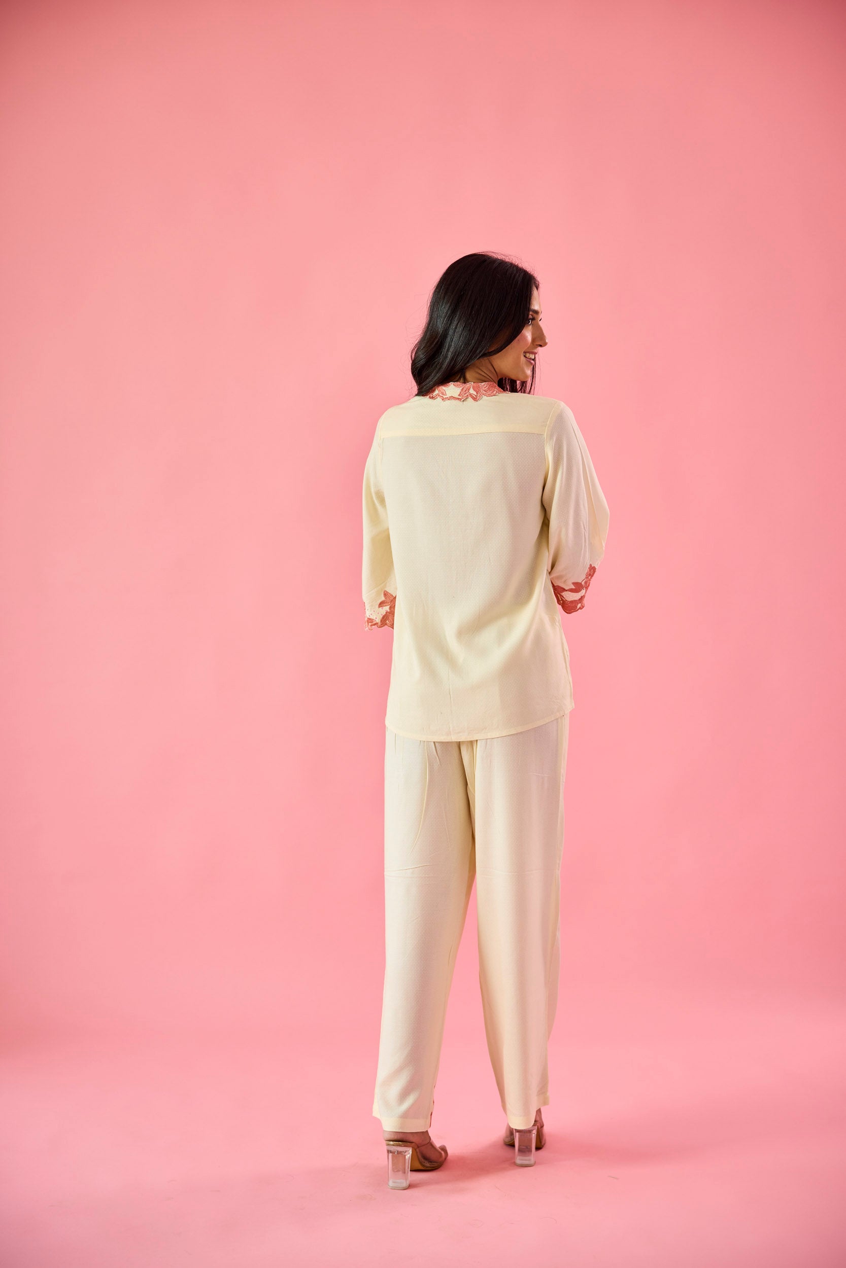 Petal Cream & Peach Cotton Embroidered Co-ord Set
