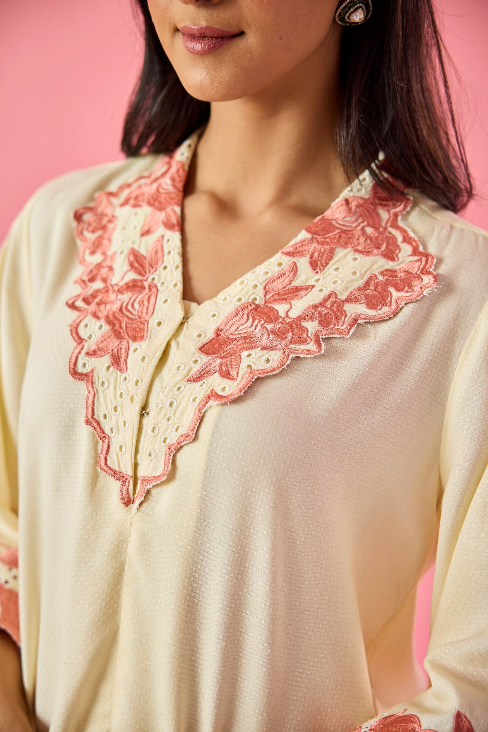 Petal Cream & Peach Cotton Embroidered Co-ord Set