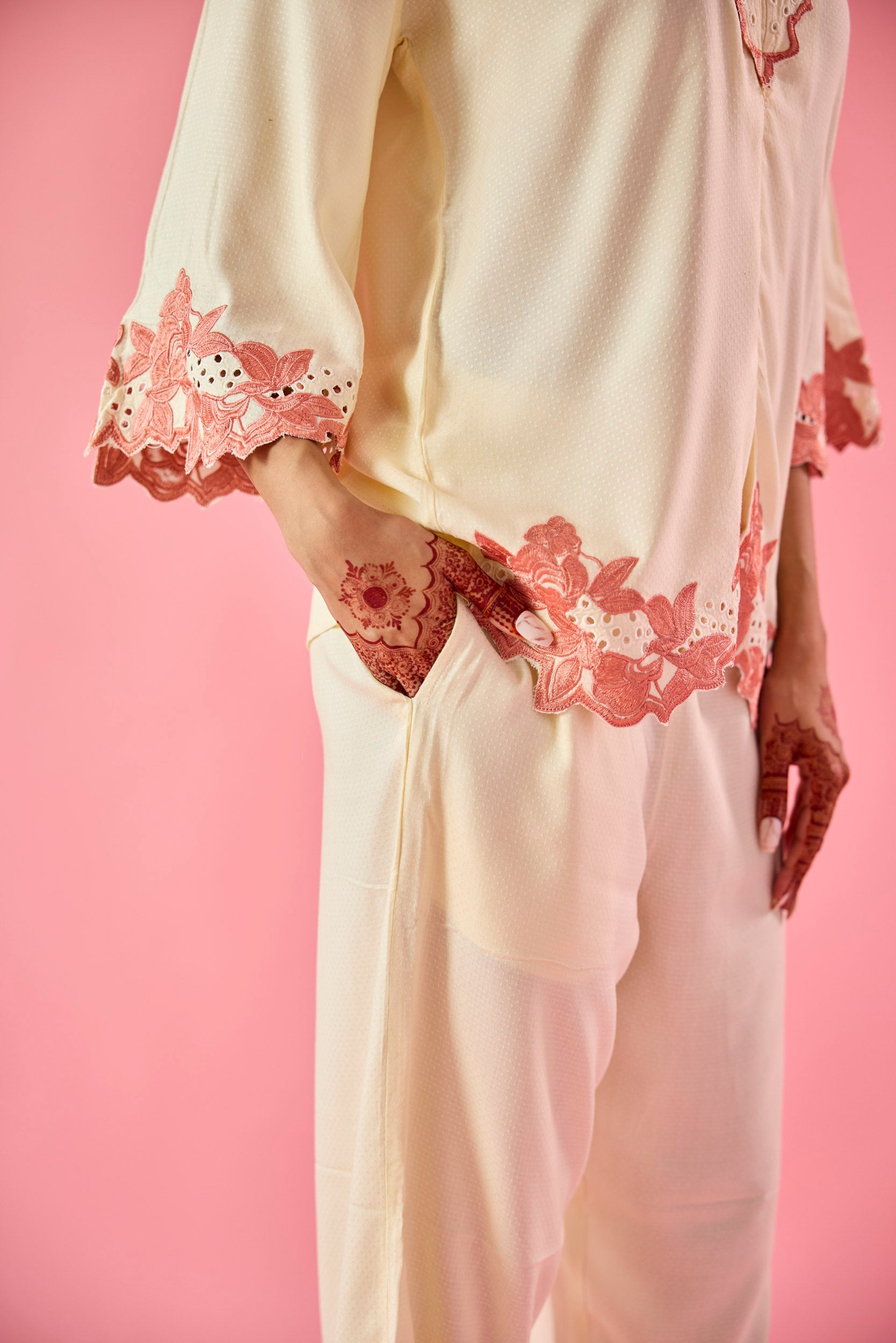Petal Cream & Peach Cotton Embroidered Co-ord Set