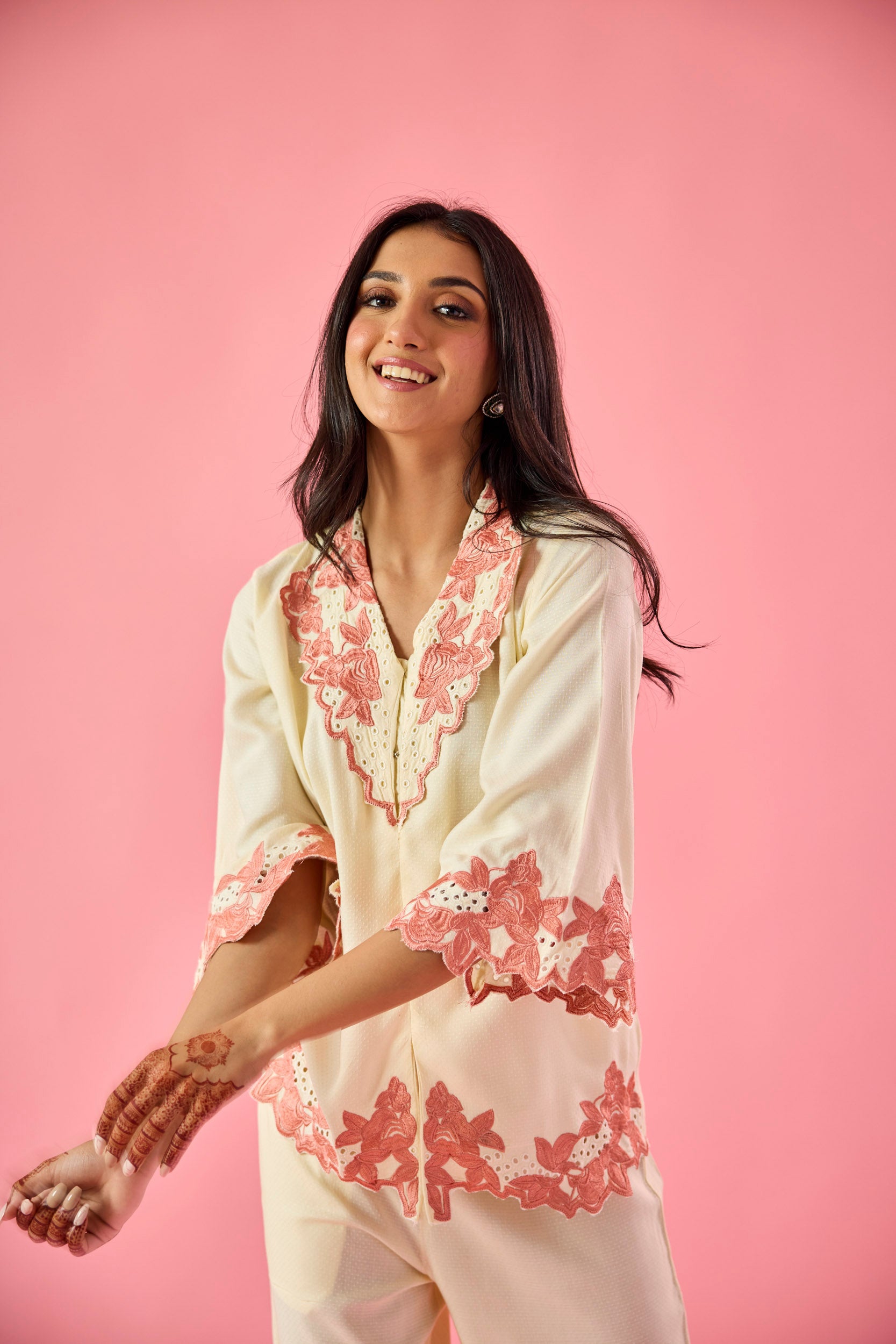 Petal Cream & Peach Cotton Embroidered Co-ord Set