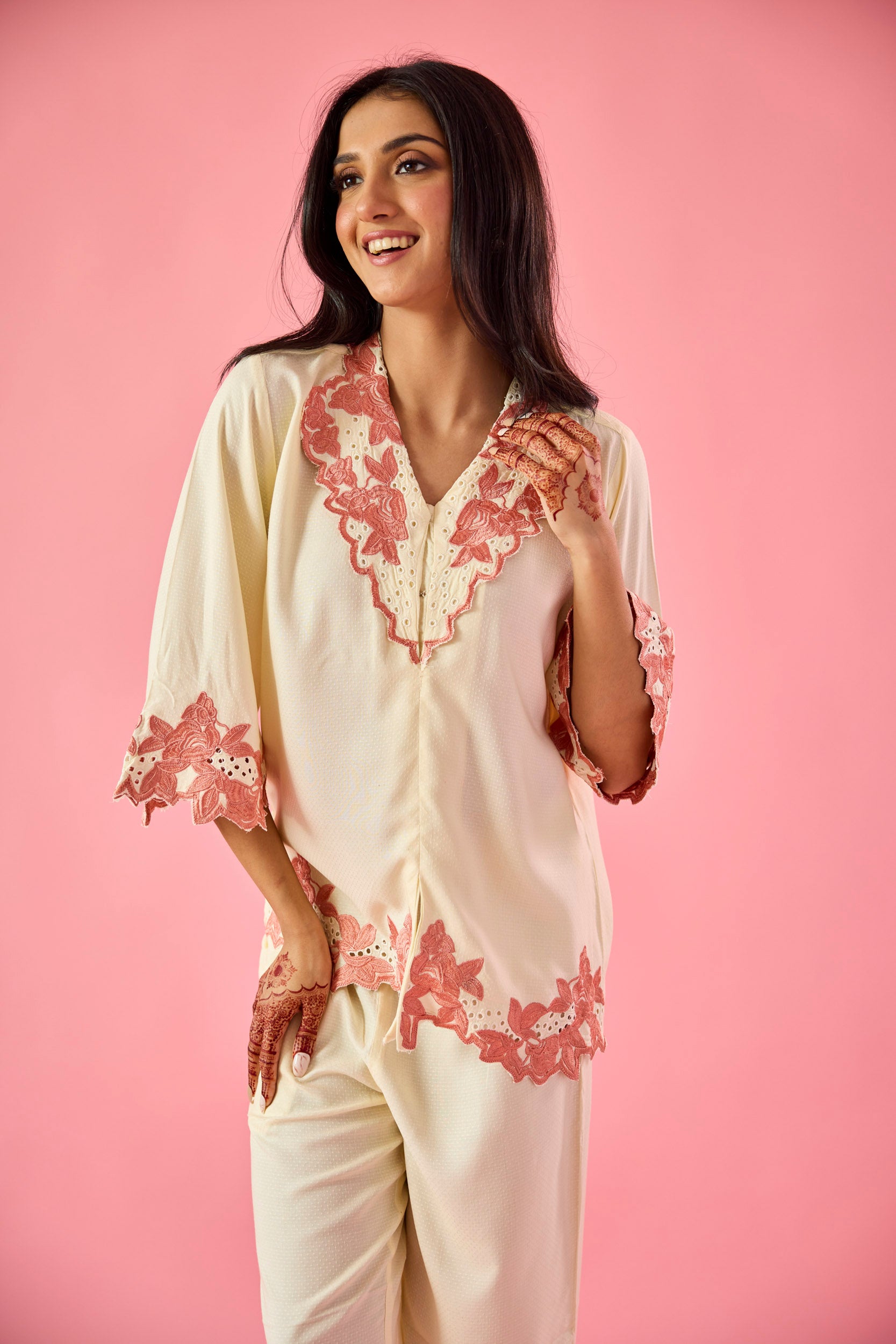 Petal Cream & Peach Cotton Embroidered Co-ord Set
