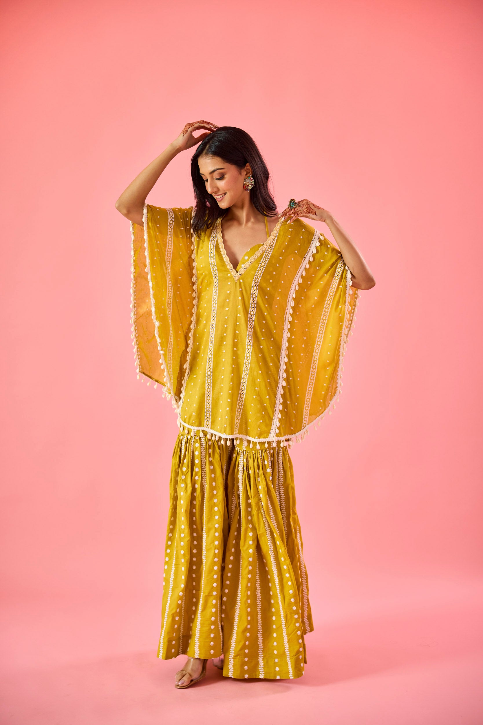 Naina Yellow Embroidered Cotton Kaftan, Blouse and Sharara Set XS